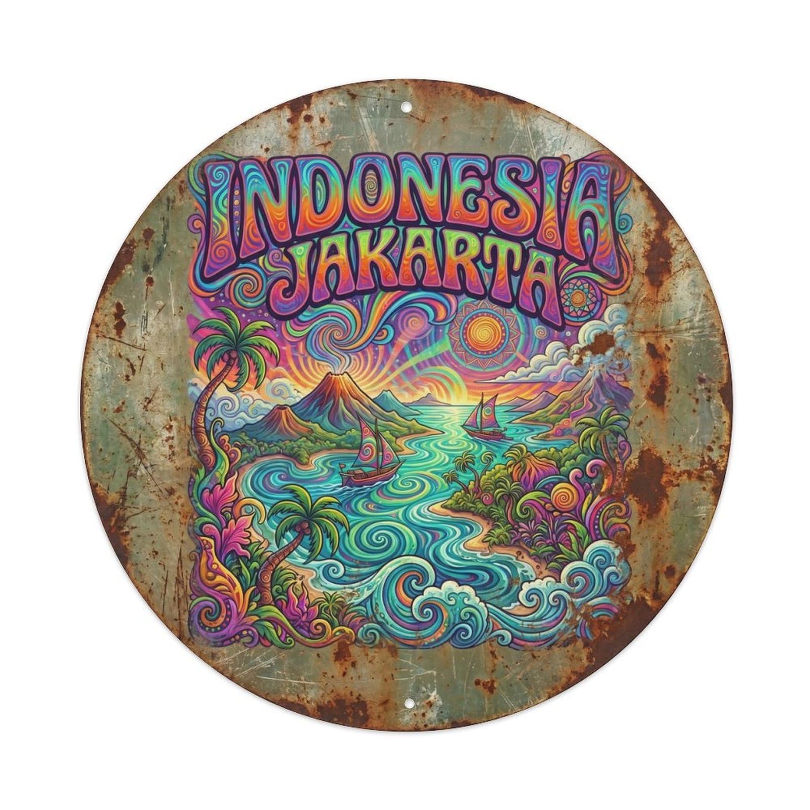 Olyhtr 8X8inch Classic Style Indonesia Jakarta Island Resort Bold Psychedelic Metal Tin Sign