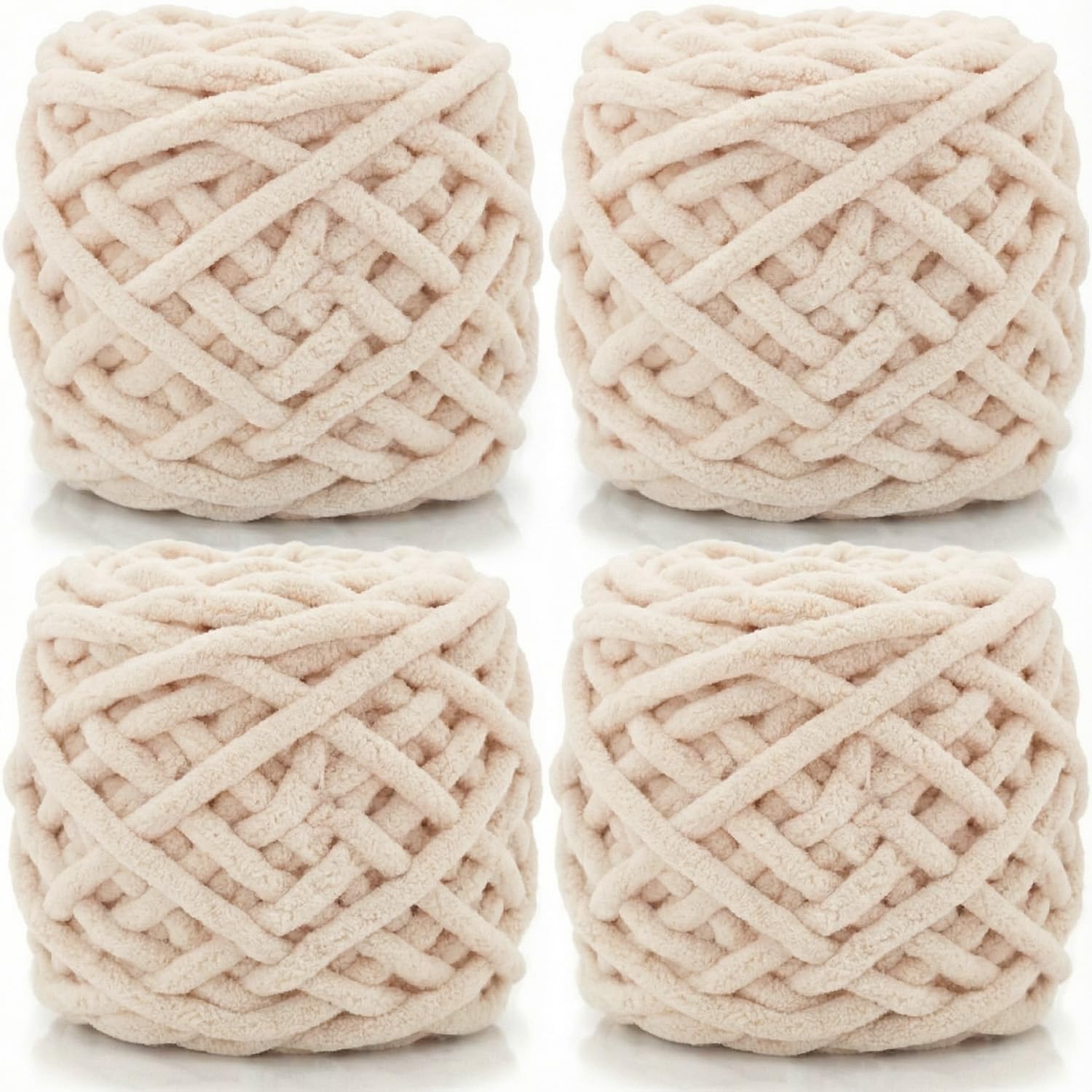Lighterday Super Chunky Knit Chenille Yarn 4 x 100g Multi-Colored Crochet Wool for Hand Knitting Blankets,Knitting Wool for Big Blankets Sock and Scarves (Beige)