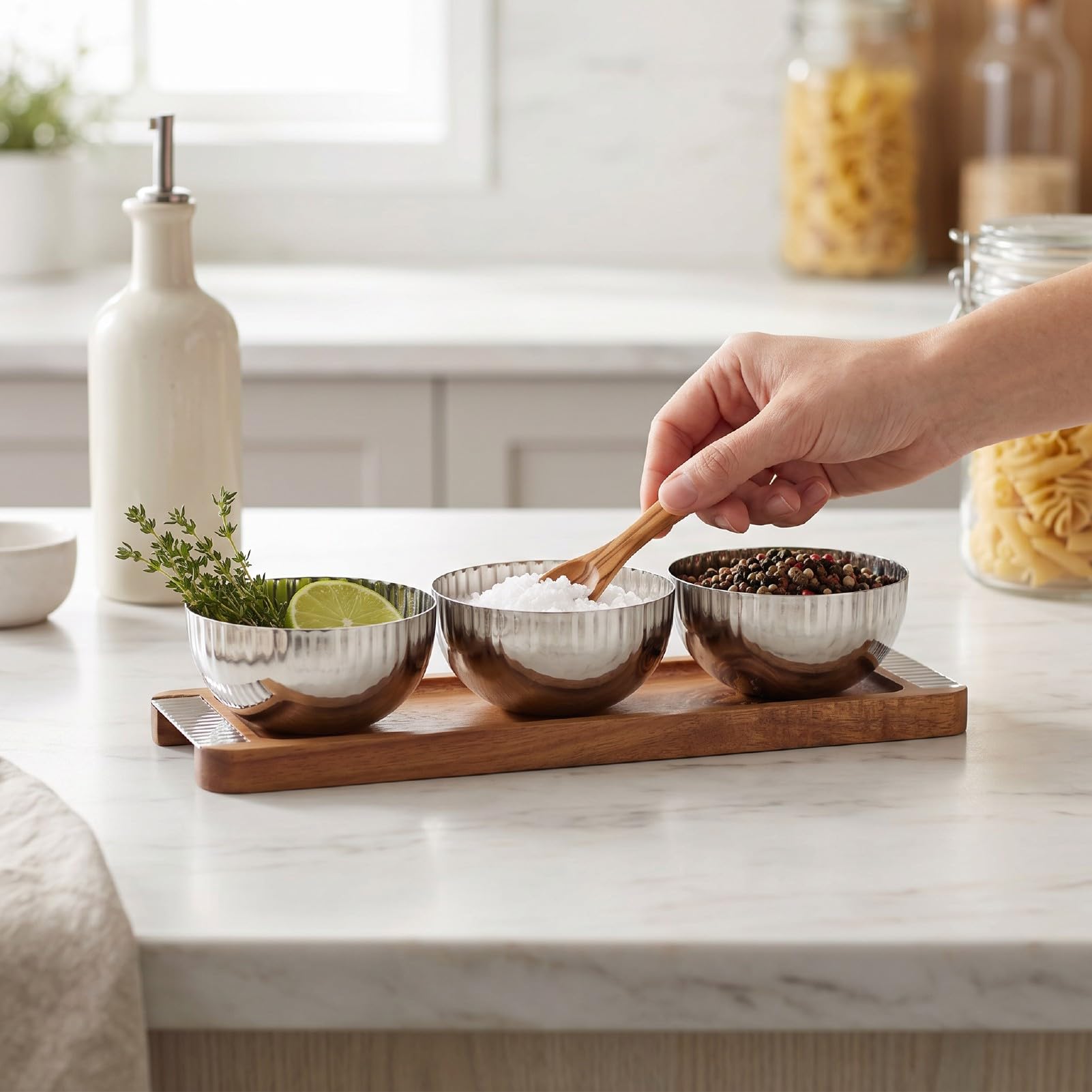 Plateau de Service en Noyer 3 Bols avec Inserts en INOX, pour