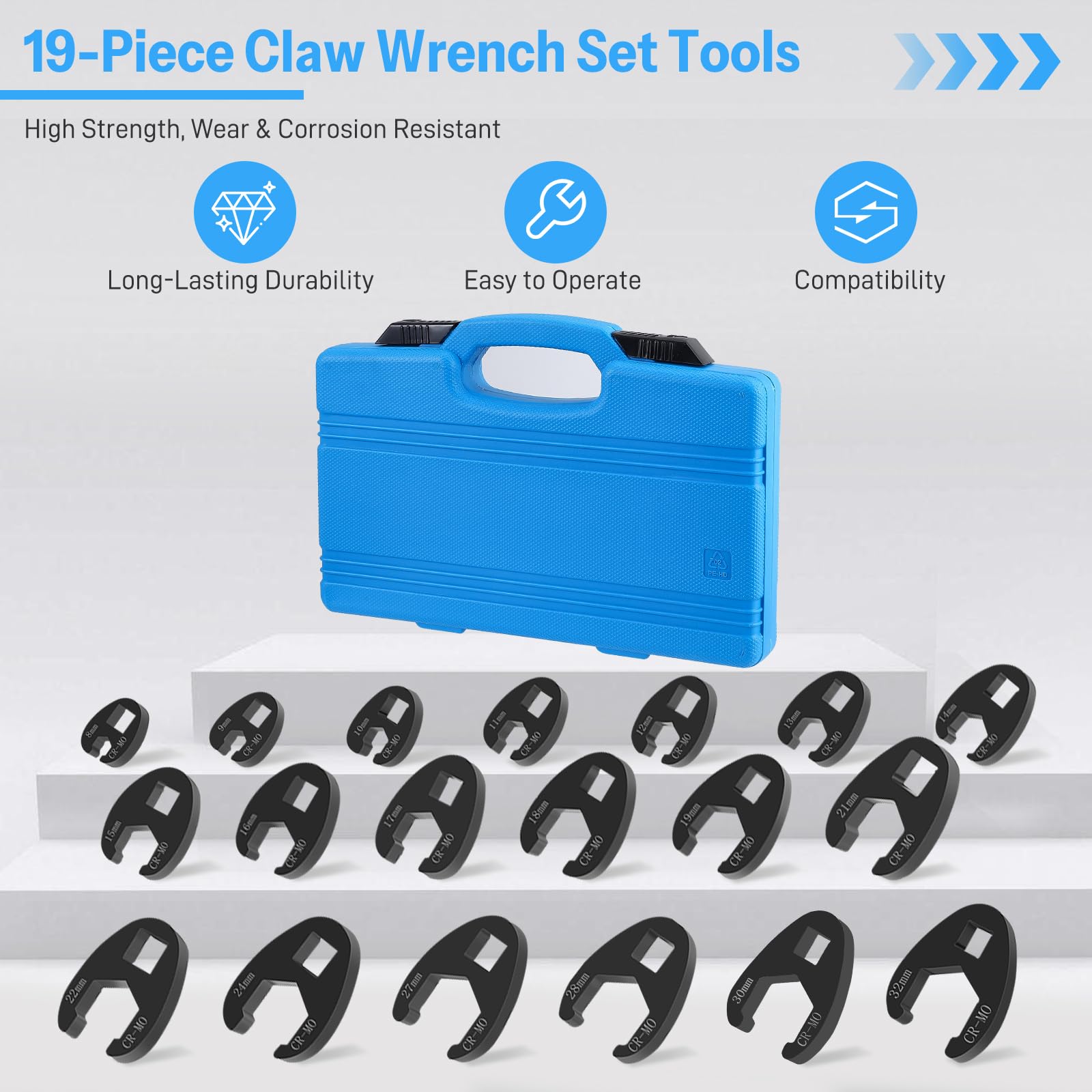 Set di chiavi a piedino di gallo, 19 pezzi, 8-32 mm, chiave dinamometrica | In acciaio CR-MO da 3/8 e 1/2 pollici, chiave a forchetta aperta per cricchetto, cavo del freno, riparazione auto, officina