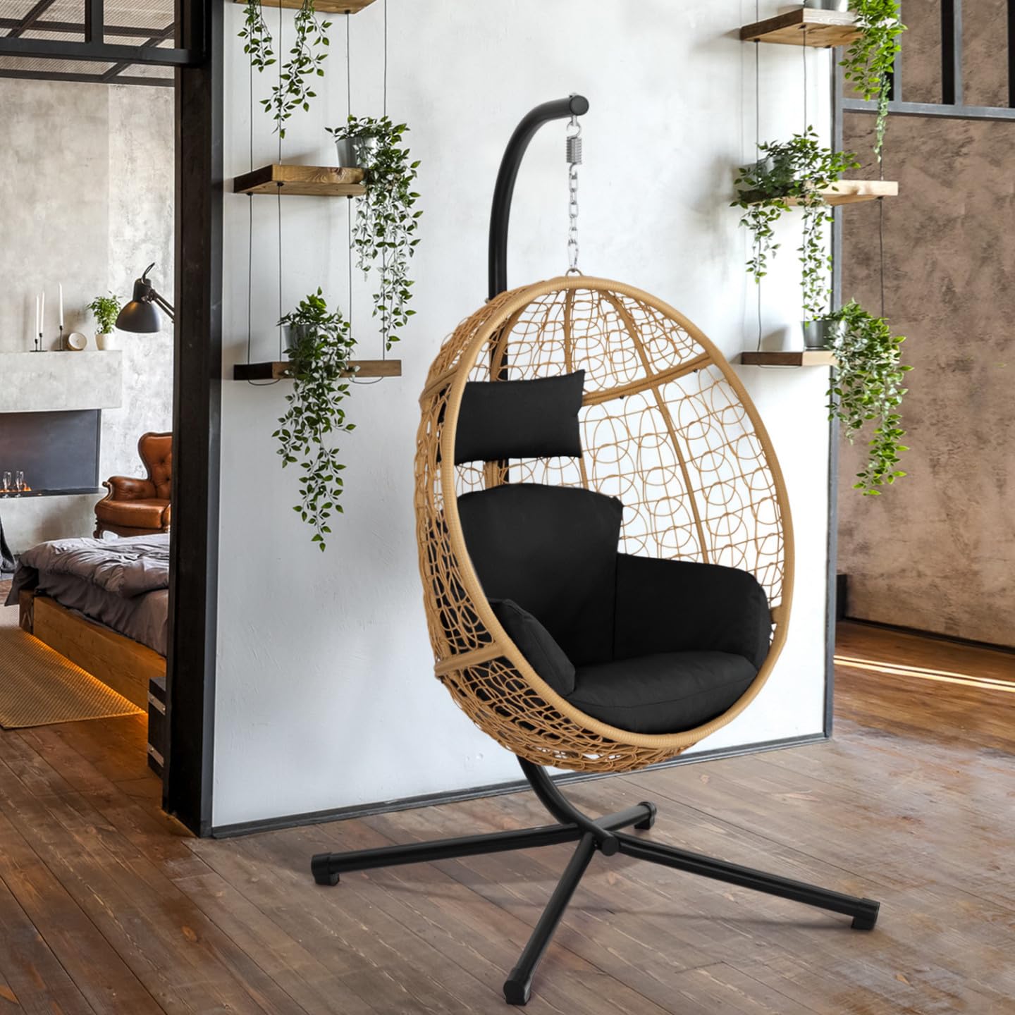 IDMarket - Fauteuil Oeuf Suspendu ajouré Effet rotin avec Coussin Noir