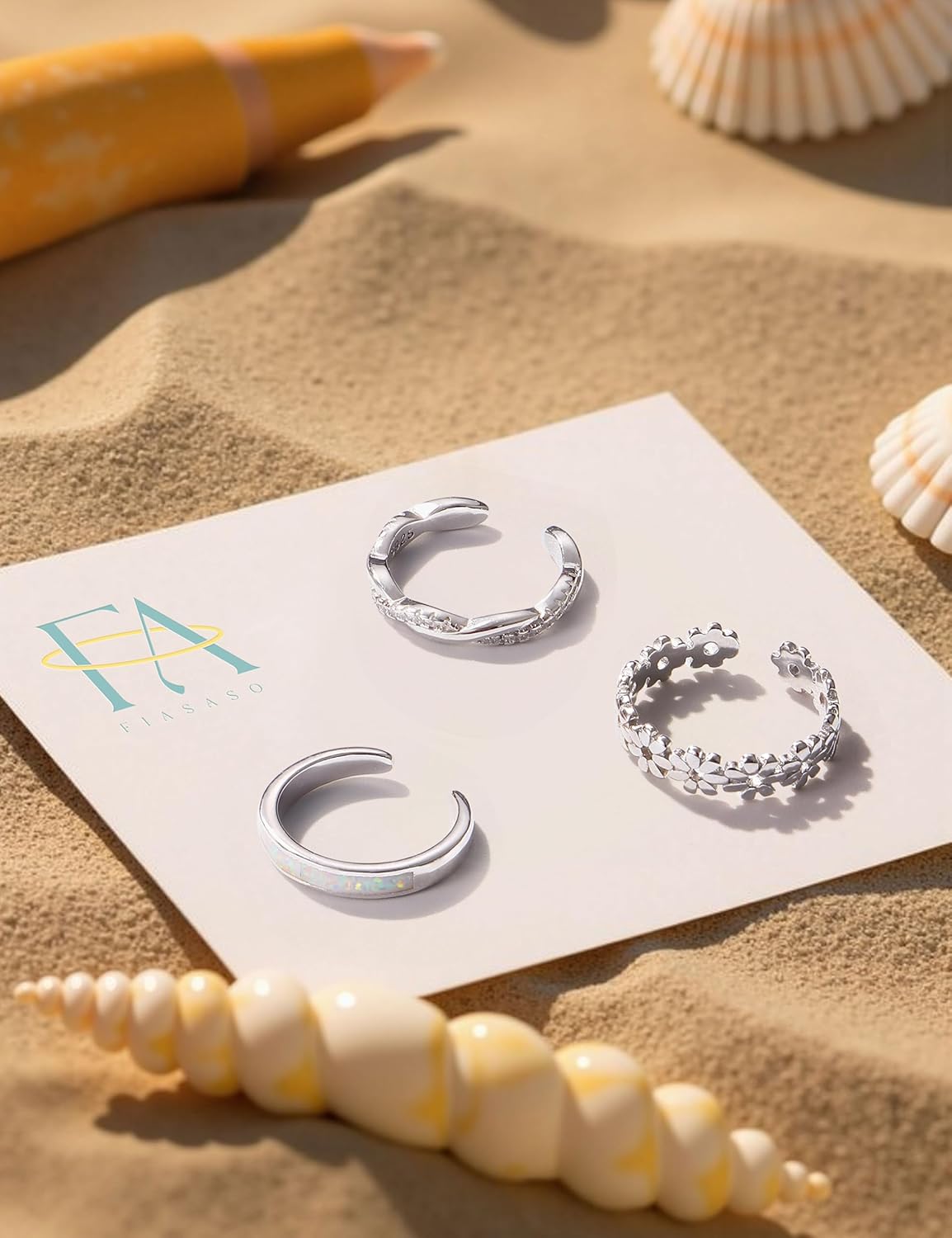 FIASASO 3Pcs 925 Sterling Silver Toe Rings for Women Adjustable 14K White Gold Plated Flower Twist Opal Band Rings Summer Beach Open Toe Rings Foot Jewelry Set