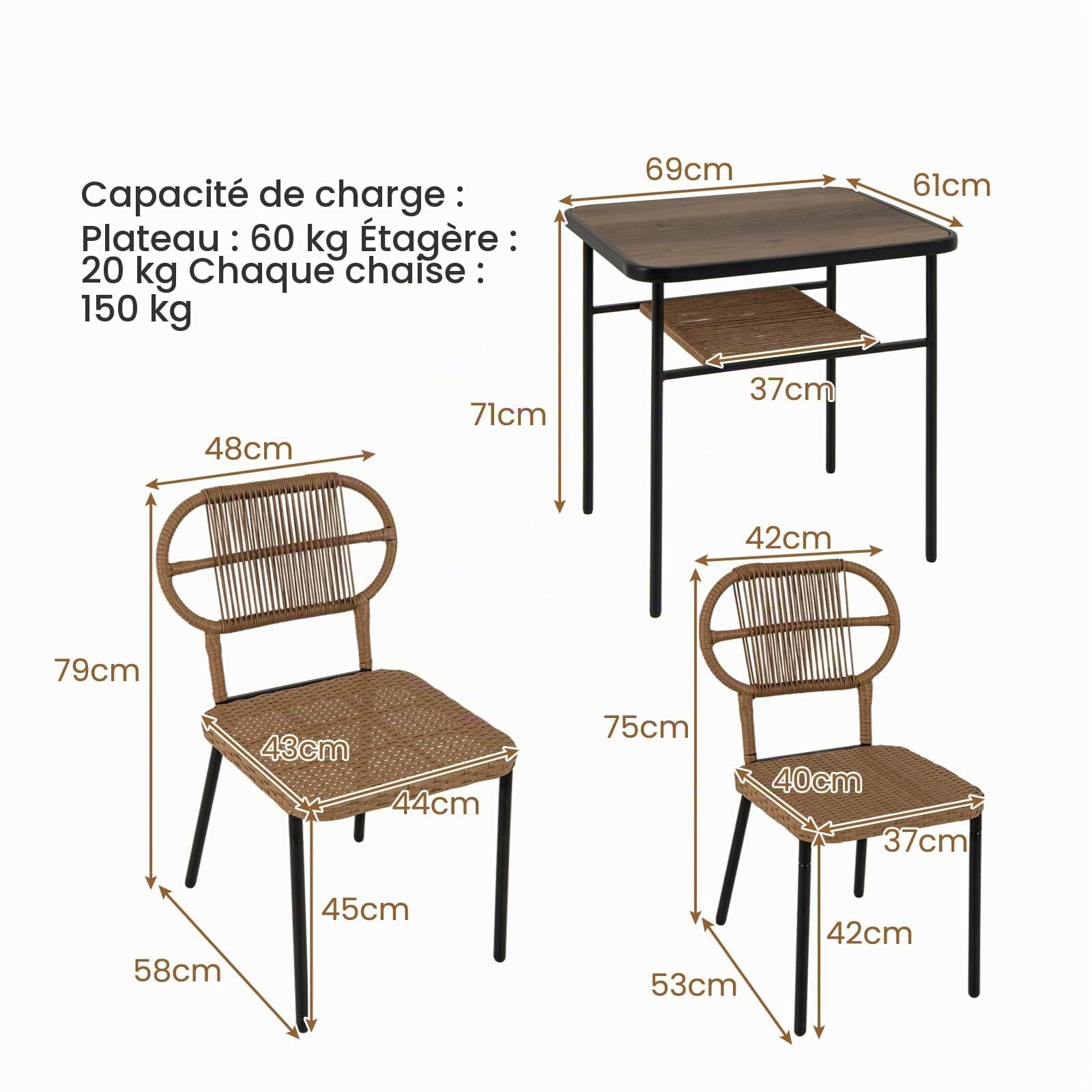 LIFEZEAL Ensemble Table à Manger avec 2 Chaises pour Jardin Extérieur