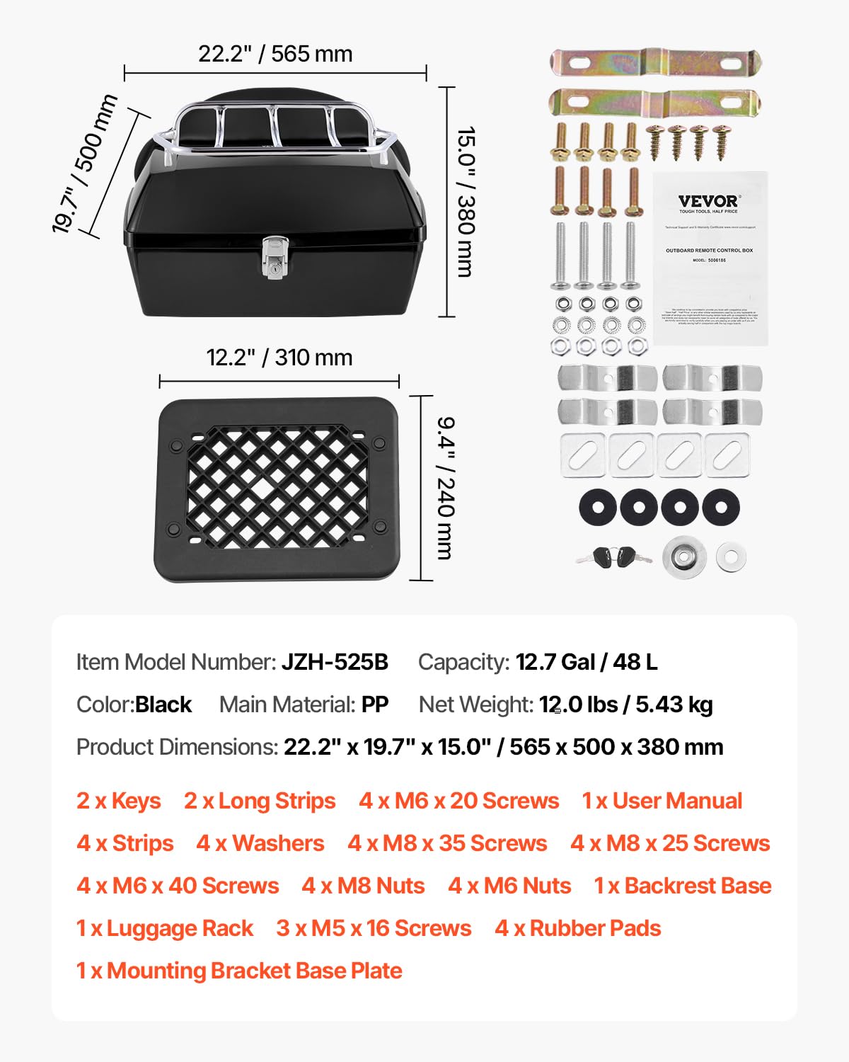 VEVOR Baúl Portacascos Universal para Motos 48 L Baúl de Moto de Material PP Maleta Portacascos Impermeable y Extraíble con Base de Múltiples Orificios Caja para Motocicleta 565 x 500 x 380 mm