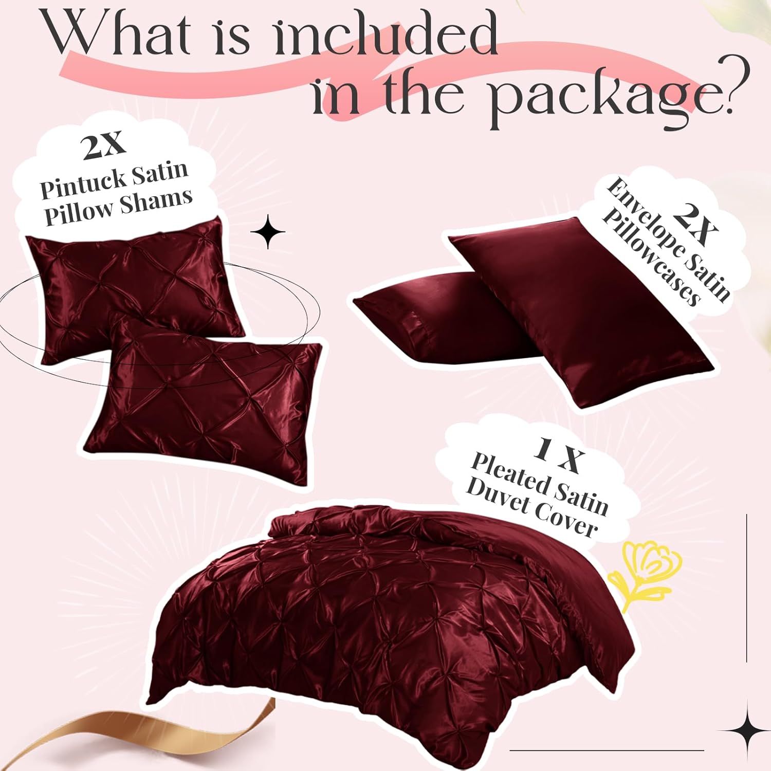 P Pothuiny 5 Pieces Satin Pintuck Duvet Cover Set, Silky Like Burgundy Pinch Pleat Duvet Cover Full/Queen Size Luxury Bedding Set with Corner Ties, 2 Pillow Shams + 2 Pillowcases (No Comforter)