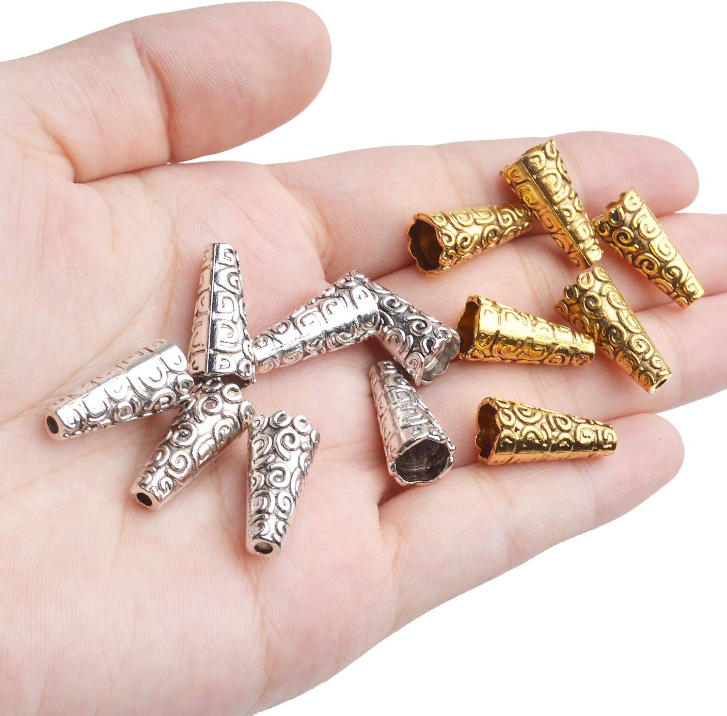 Aylifu Beads Caps Making, 100pcs Antique Beads Caps Tibetan Style Cone Caps Metal Beads End Caps Flower Bead Caps Tassel Crafts DIY for Jewelry Making, 17.5 8.5mm
