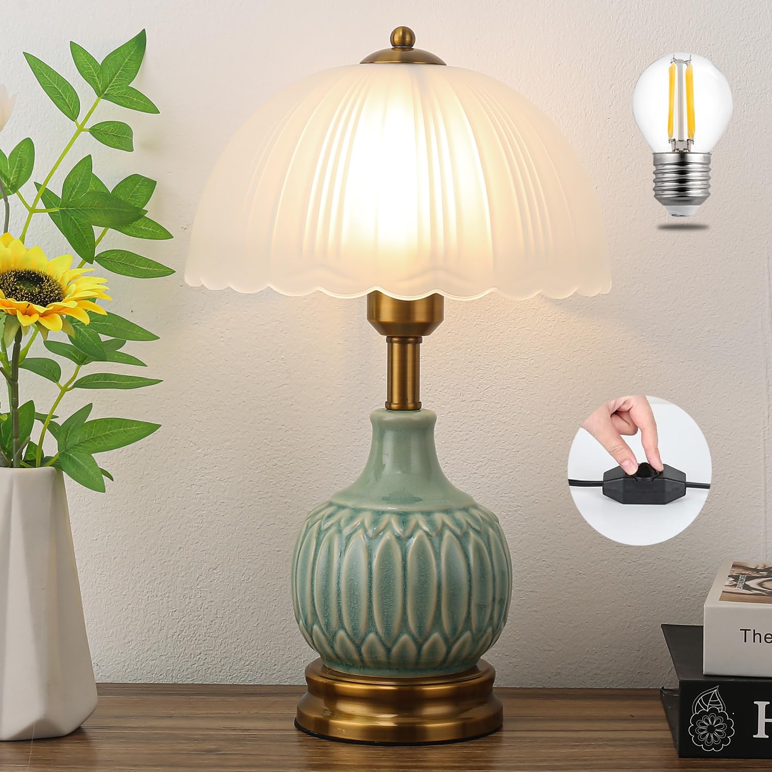 Ceramic Table Lamp Dimmable for Living Room, 16" Modern Vintage Bedside Nightstand Lamps with White Glass Shade,Classic Chinoiserie Retro Bedroom Lamp for Night Stands, Dorm,Office, Home Decor