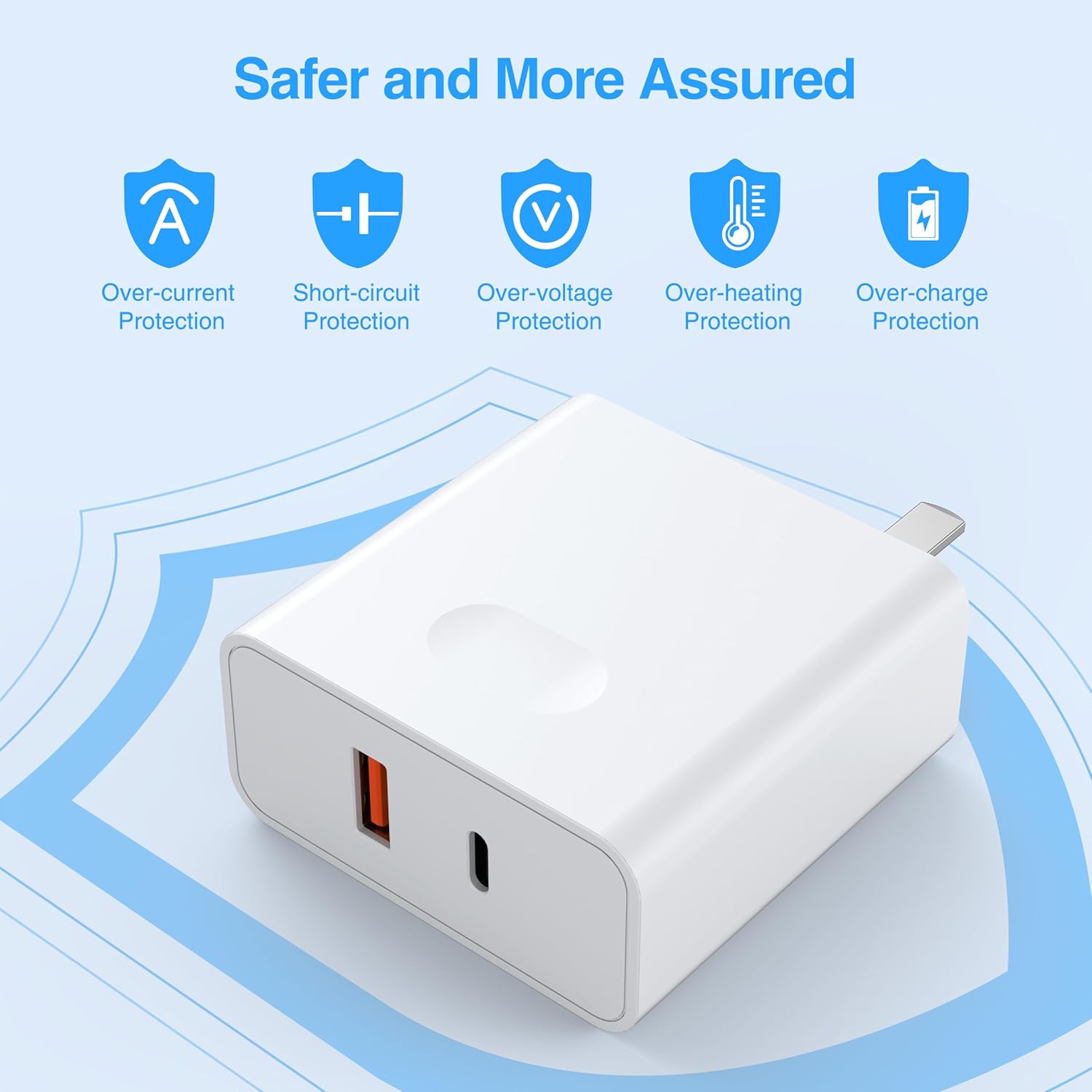 HW-AC01 PD 20W Adapter with icons for over-current, short-circuit, over-voltage, over-heating, and over-charge protection