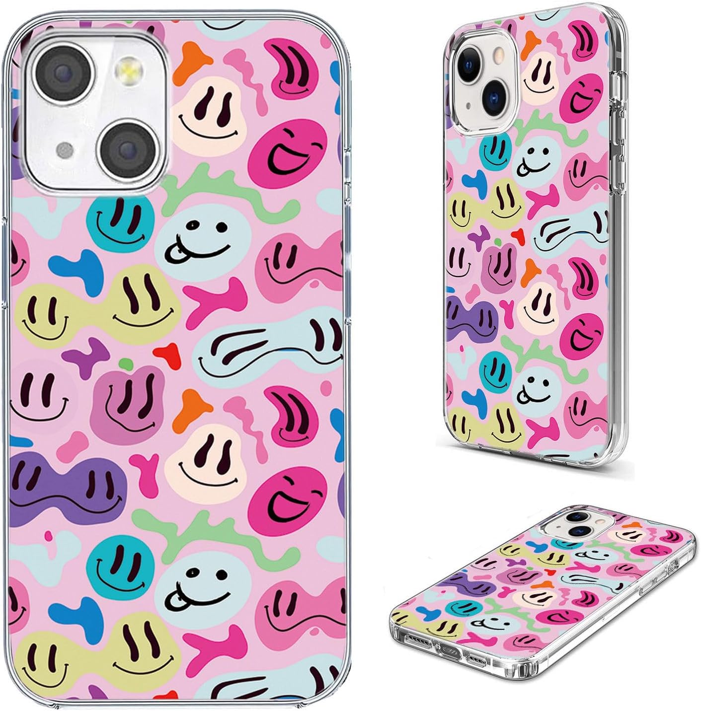 for iPhone 15 Case for Women Girl Men, Full Protective Shockproof Slim Soft TPU Clear Phone Cover Cases Design for iPhone 15 6.1,Cute Cool Cartoon Colorful Happy Melting Smile Face