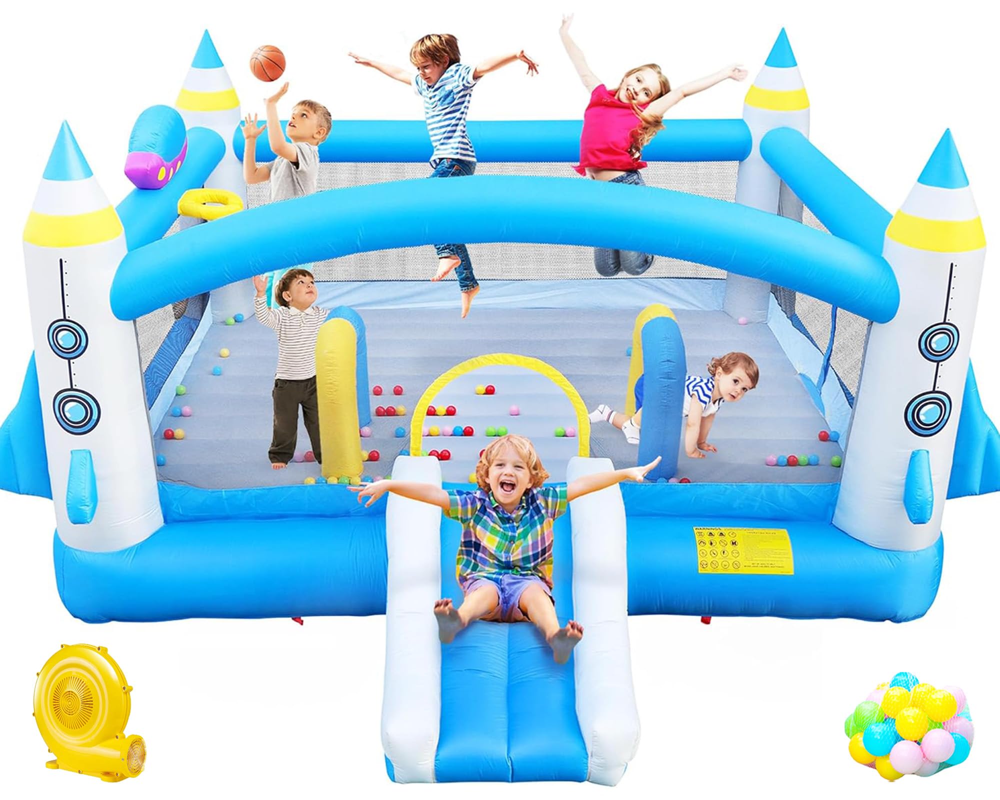Large Bounce House for Big Kids, 16.5ft x 15ft Inflatable Bouncy Houses with Slide, Bouncy Area, Obstacle Arch, Basketball Hoop & Dart Game, Blue