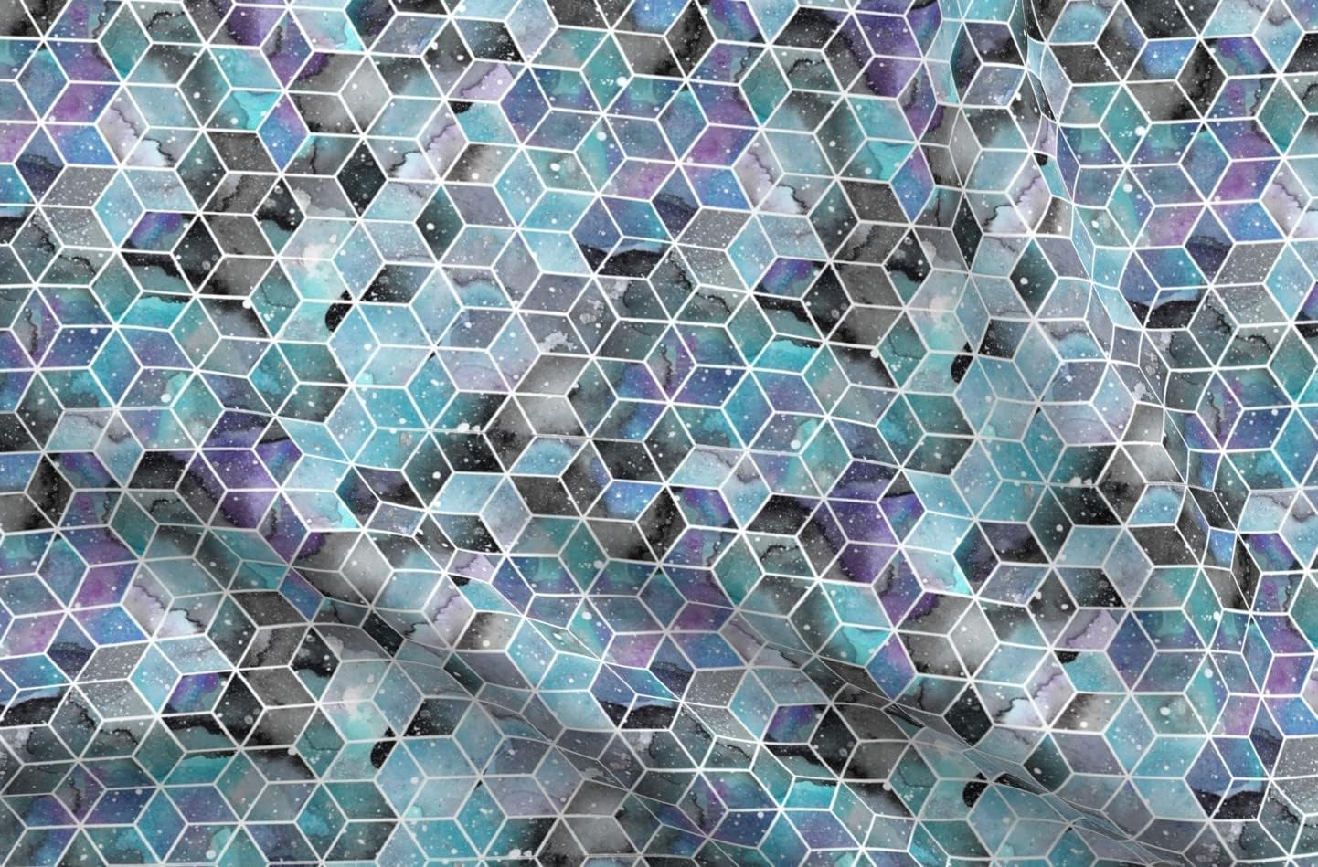 Spoonflower Fabric - Blue Watercolor Space Hexagons Hexagon Cube Geometric Printed on Upholstery Velvet Fabric Fat Quarter - Upholstery Home Decor Bottomweight Apparel