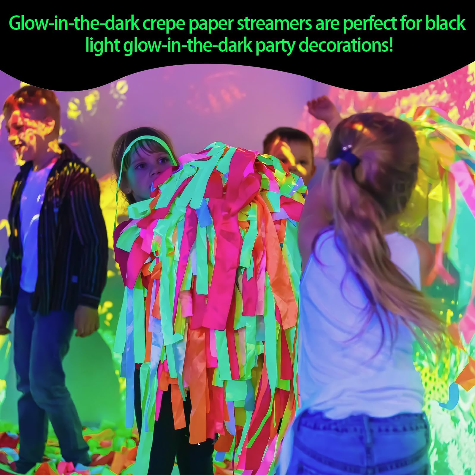 Świecące serpentyny z papieru krepowego, świecące w ciemnym świetle, reaktywne promieniowanie UV, fluorescencyjne, na imprezę, na ślub, urodziny, czarne światło, artykuły imprezowe, dekoracje, 730 m