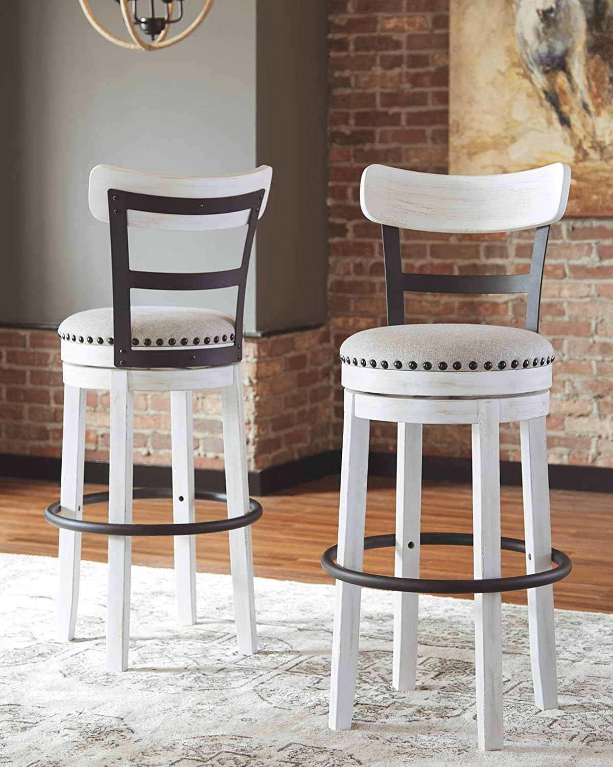 BOWERY HILL 30" Swivel Bar Stool, Vintage White Finish, Metal and Engineered Wood, Linen Colored Upholstered Seat, Nailhead Trim, 42" Tall, 360-Degree Swivel, Rustic-Industrial Style for Kitchen or