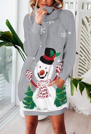 Pink Queen Ugly Christmas Sweater Dresses for Women Oversized Turtleneck Pullover Holiday Dress with Pocket