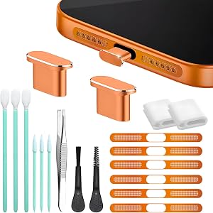 Malla de Metal para Altavoz de Teléfono Móvil, Tapón de Polvo para Puerto de Carga tipo C, Set de Herramientas de Limpieza con Cepillo USB C para iPhone 17 Pro. No para 17 ProMax (Naranja Cósmico)
