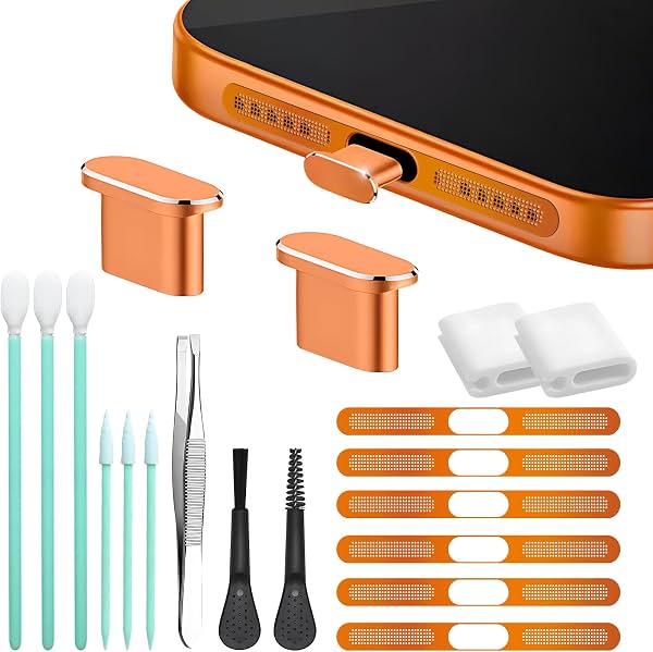 Malla de Metal para Altavoz de Teléfono Móvil, Tapón de Polvo para Puerto de Carga tipo C, Set de Herramientas de Limpieza con Cepillo USB C para iPhone 17 Pro. No para 17 ProMax (Naranja Cósmico)
