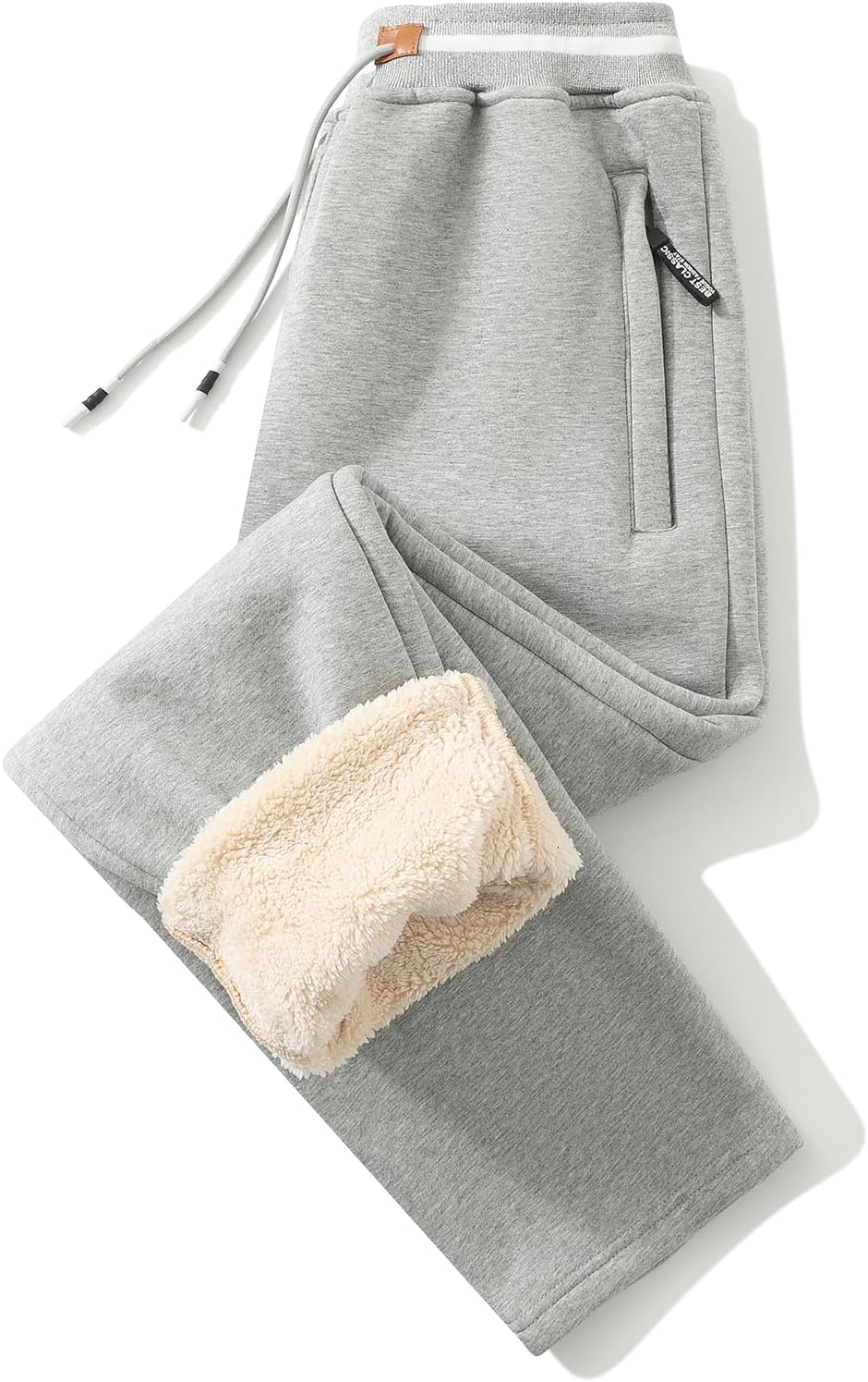 FoxQ Mens Fleece Lined Sweatpants with Zipper Pockets Winter Sherpa Lined Pants Straight Leg Open Bottom