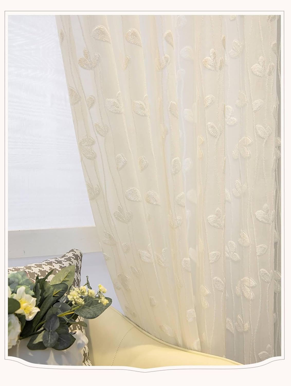 Daesar 2 Panels Semi Sheer Curtains 84 Inch Length, Eyelet Tulle Curtains Embroidered Leaves Lines Pattern Window Voile Panels/Drapes/Treatment for Bedroom Living Room, 34x84 Inch Beige White