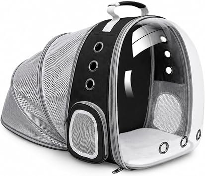 Expandable Cat Carrier Backpack with Bubble Window and Mesh, Black | Anti-collapse frame, breathable mesh, escape-resistant zipper clips and safety leash for vet visits and outdoor travel.