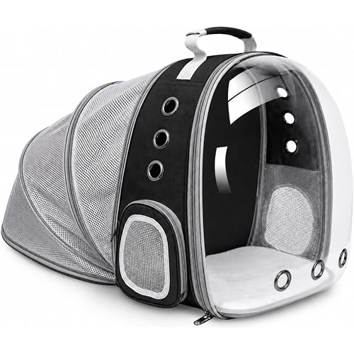 Expandable Cat Carrier Backpack with Bubble Window and Mesh, Black | Anti-collapse frame, breathable mesh, escape-resistant zipper clips and safety leash for vet visits and outdoor travel.