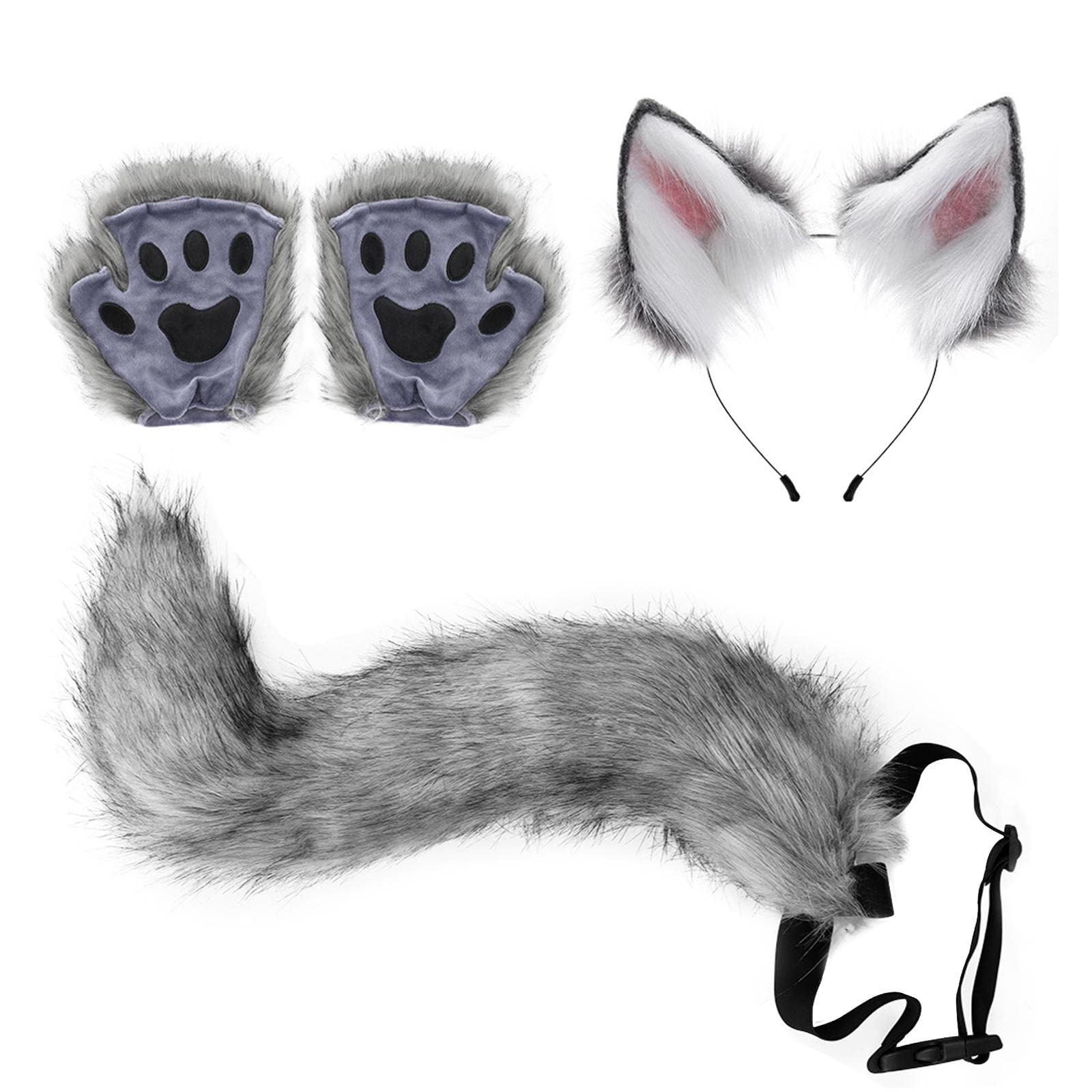 Cosplay Kostüm Set Plüschohr Haarreif Schwanz Spielzubehör mit Mitten Verkleidung für Damen Und Kinder für Kostümfest Bühnenaufführung Rollenspiel Fei, dunkelgrau