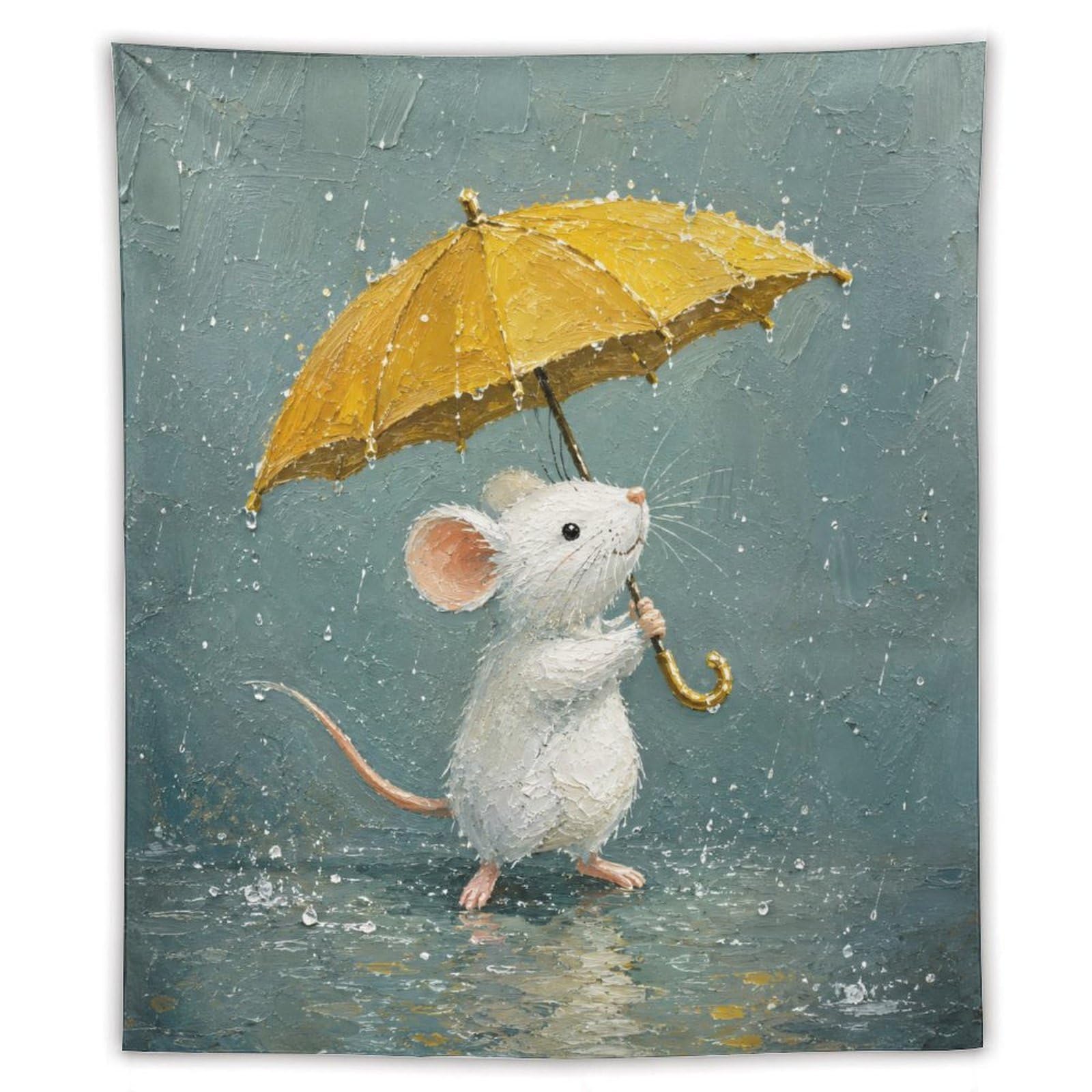 W7C8U2X3 Umbrella Mouse Rain Wall Tapestry, Storybook Illustration Style