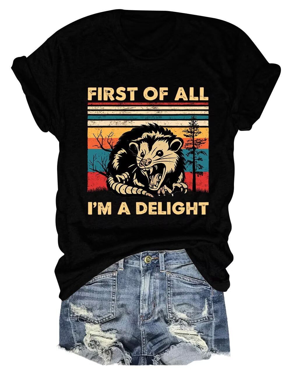 Semisun Women's First of All I'm a Delight T-Shirt Funny Angry Opossum Graphic Tees Sarcastic Feral Meme Shirt Novelty Gift