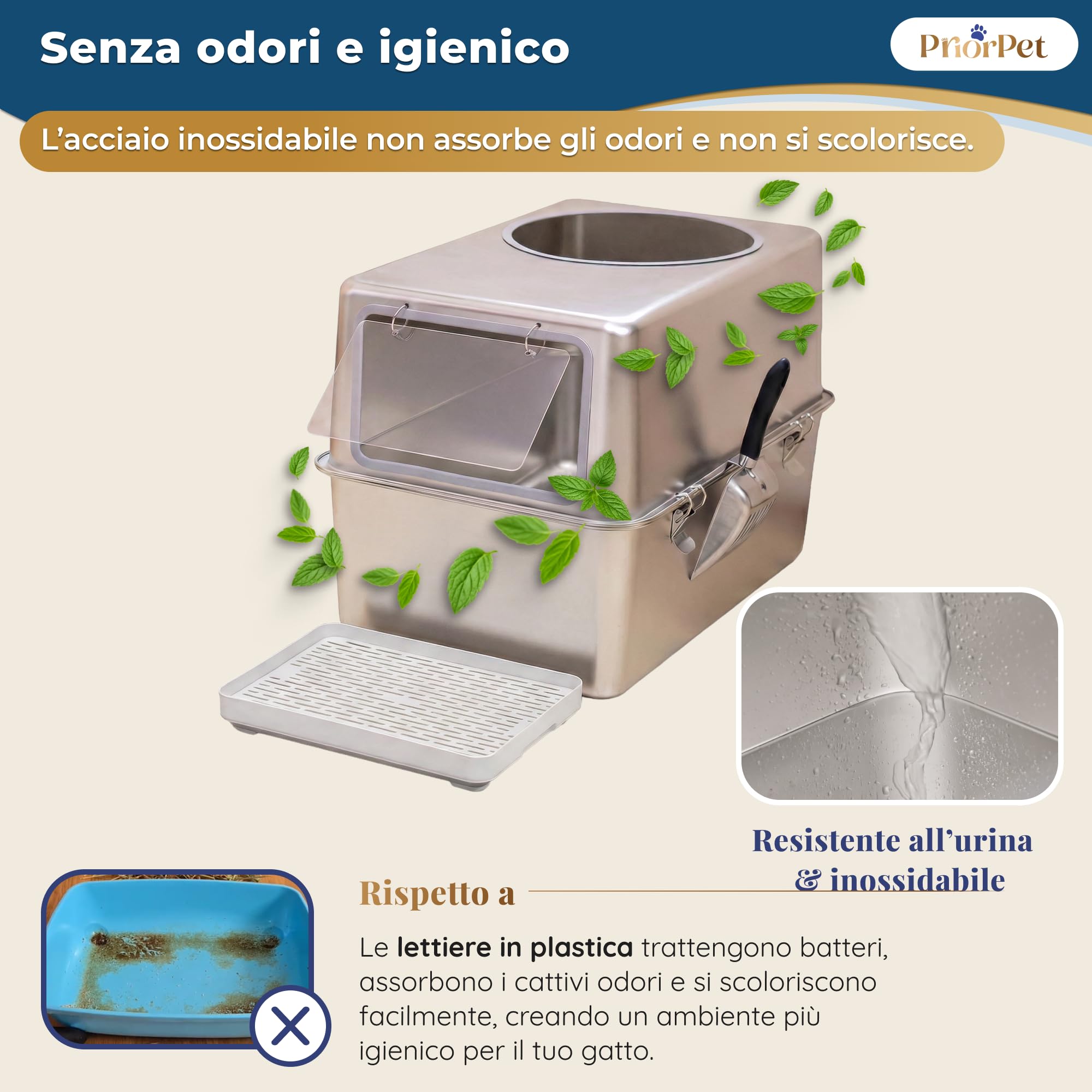 Lettiera Acciaio Inox XXL – Gatto Chiusa con Porta Frontale & Ingresso Superiore – Grande 60x41,5x40 cm – Facile da Pulire & Anti-Odore con Pedana Raccogli
