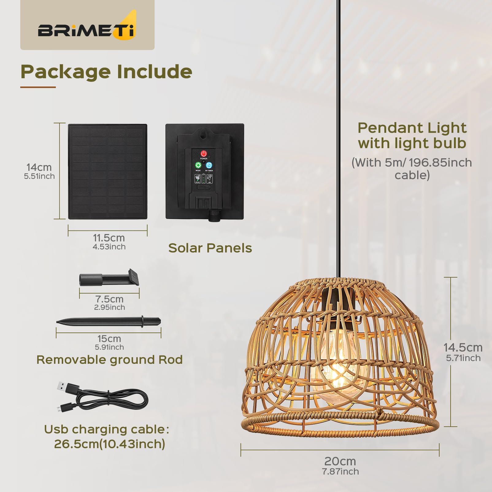 Solarlampen für Außen Garten Solar Hängelampe Outdoor Rattan Hängeleuchte Hängend mit Fernbedienung Dimmbare IP65 Wasserdichte Solarlampen Pendelleuchte,für Balkon Pavillon(mit 5M Kabel)