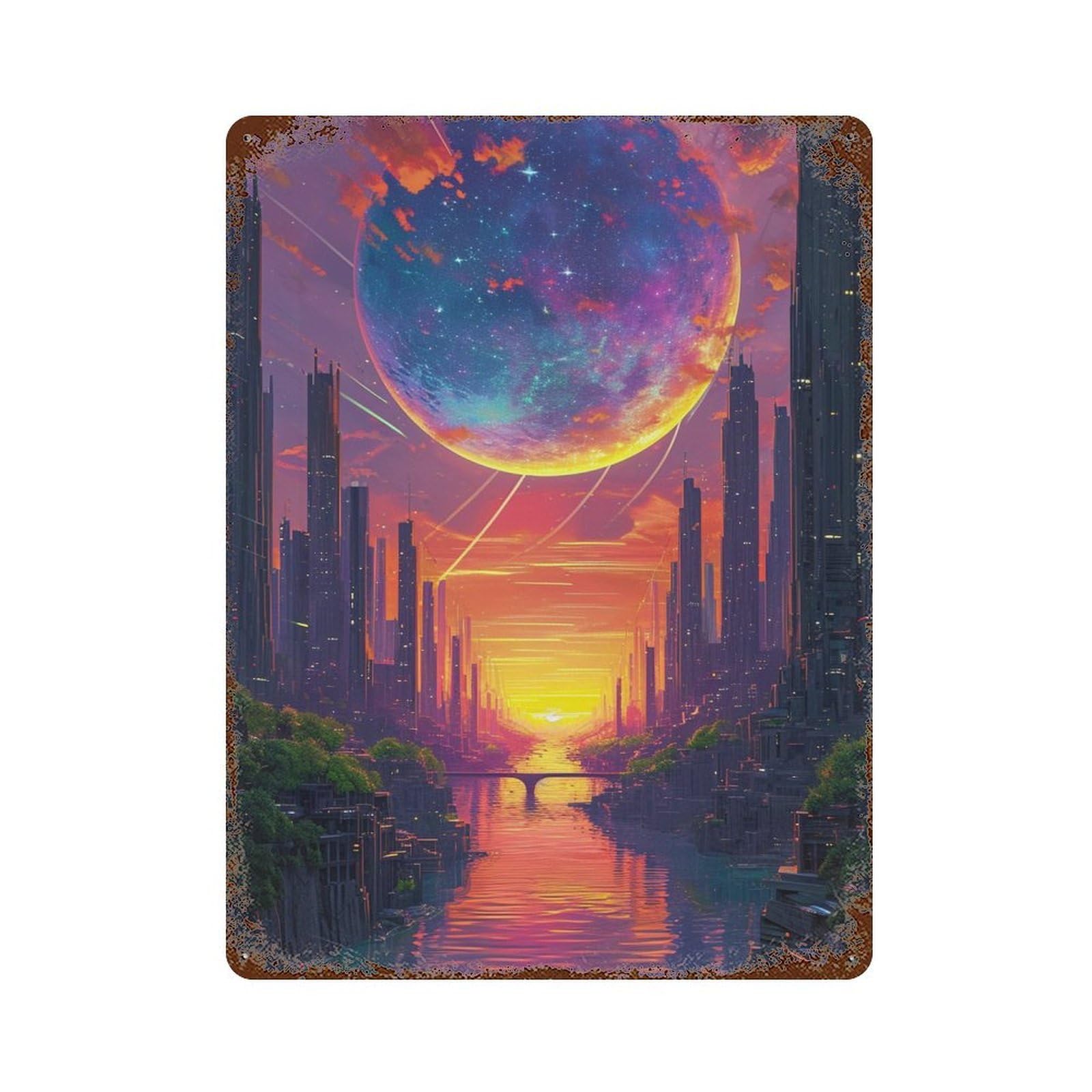 Vintage Rust Metal Sign Fantasy Cityscape with Giant Planet 15.7"x11.8", Vintage Wall Decor for Office, Studio And Wall Decor