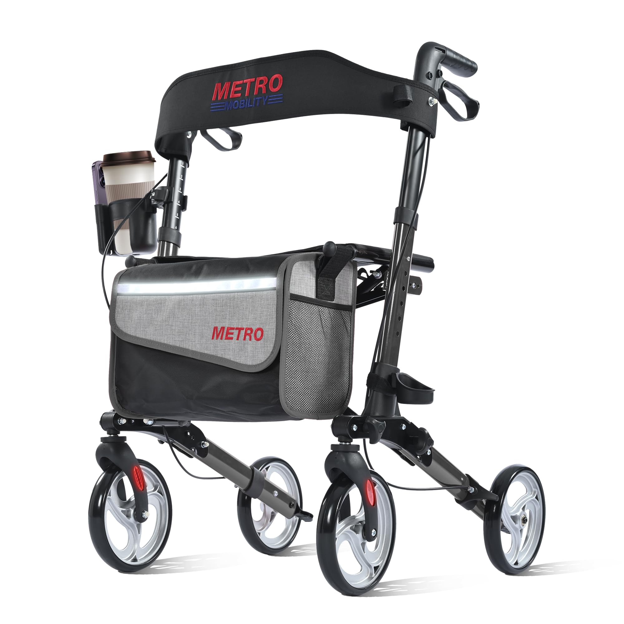 Metro Mobility Rollator Walker with Seat for Seniors, Foldable Lightweight Rolling Walker, 8" Big Wheels for All Terrain, 300 lb. Weight Capacity, Black