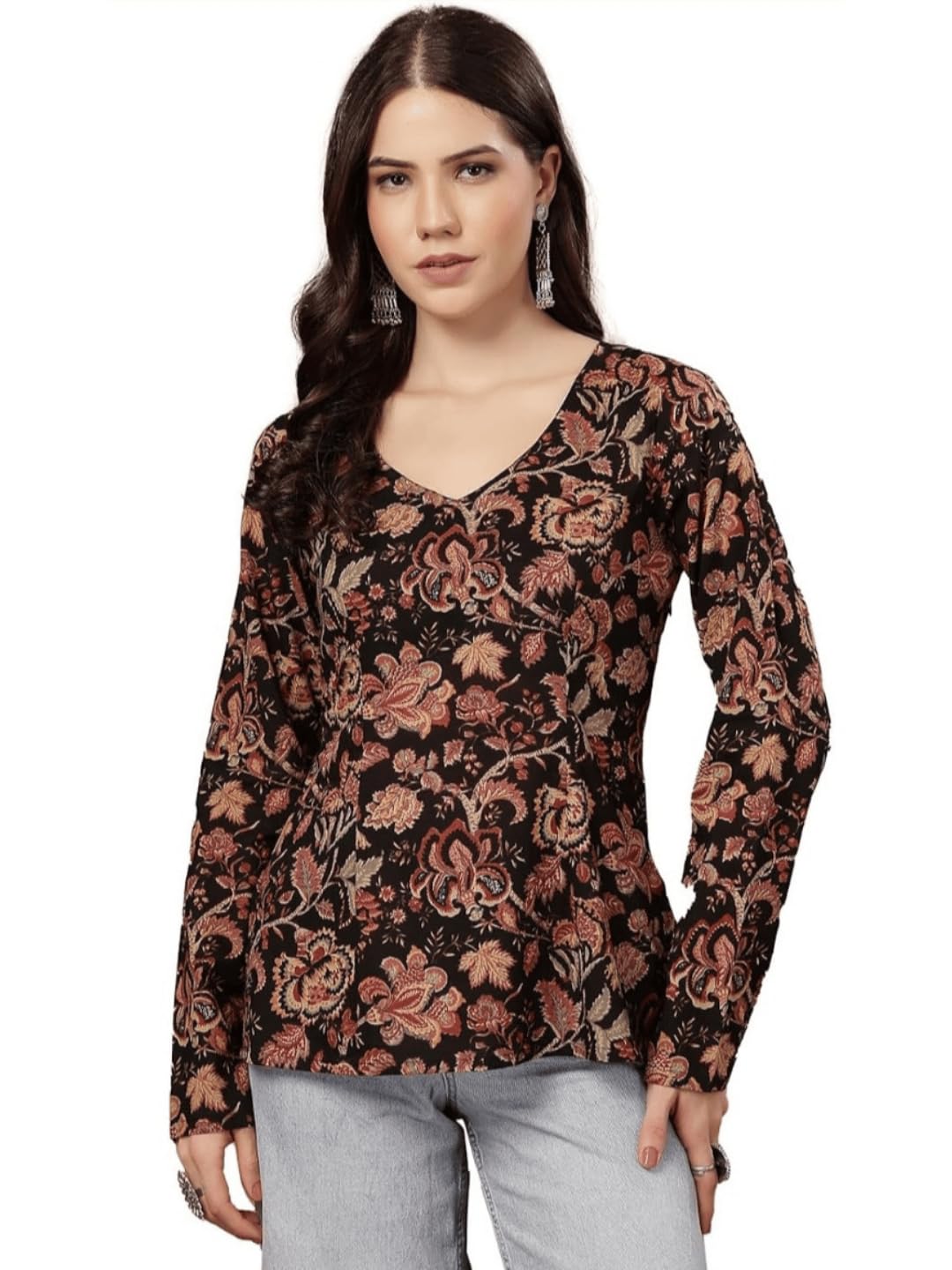 label adrija Women Short Kurti for Women Latest | Floral Printed Pure Cotton V-Neck Full Sleeve Kurti Top | Short Kurta | Short Kurti for Woman | Office & Casual Kurta for Jeans, Leggings & Trousers-picture-48