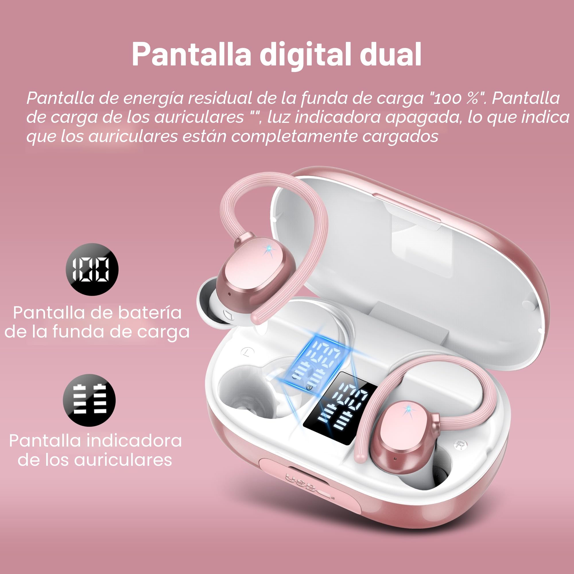 Auriculares Oreja Abierta Bluetooth 5.3, Auriculares Inalámbricos Deportivos con Gancho, Reproducción de 128H Pantalla LED, Auriculares con micrófono Incorporado, Control Táctil, IP7 Impermeable