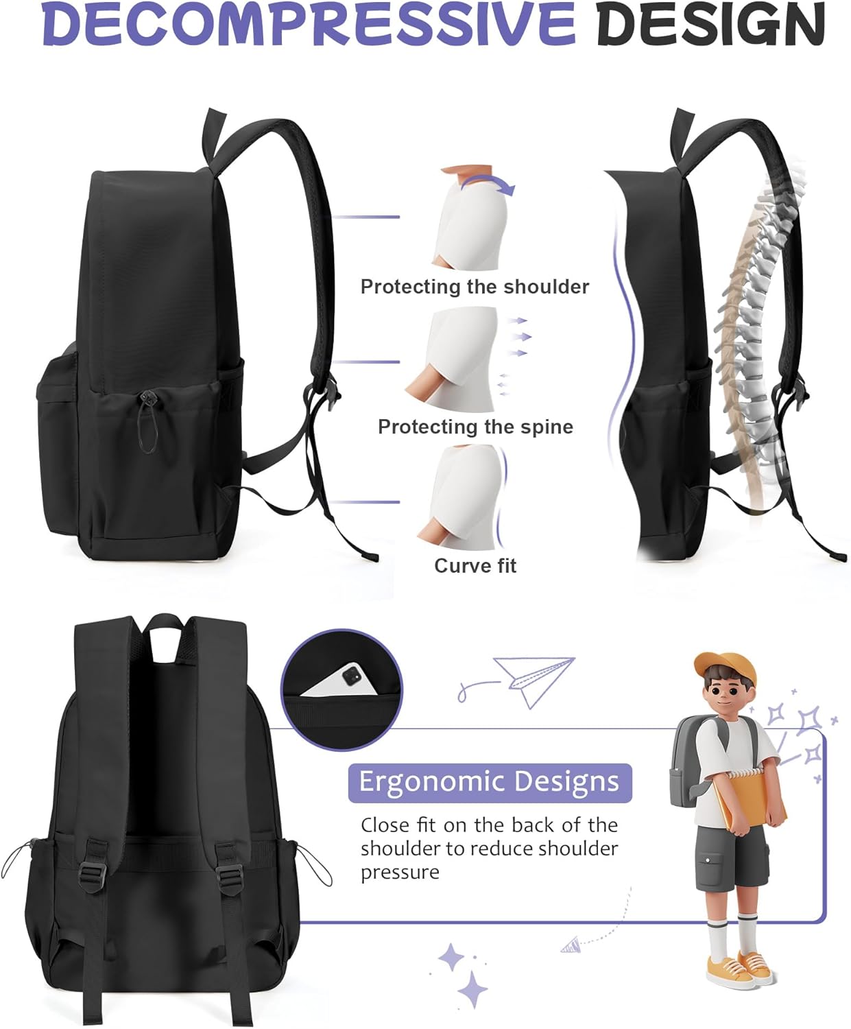 SEAFEW Large Black Classic Basic Backpack for Women, Gym Backpack for Women Foldable Outdoor Weekender Gym Bag, Waterproof Sports Back Pack & Dance Yoga travel Bag