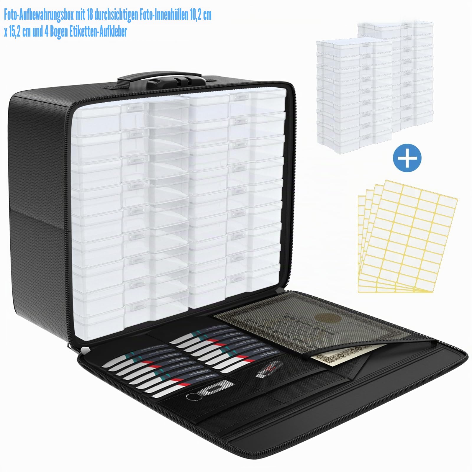 Tamfile Feuerfeste Foto-Aufbewahrungsbox, 18 transparenten 10,2 x 15,2 cm Innen-Fotohüllen, Foto-Organizer mit Schloss für Bilder, Karten, Briefmarken und Bürobedarf mit 4 Blatt Etikettenaufklebern