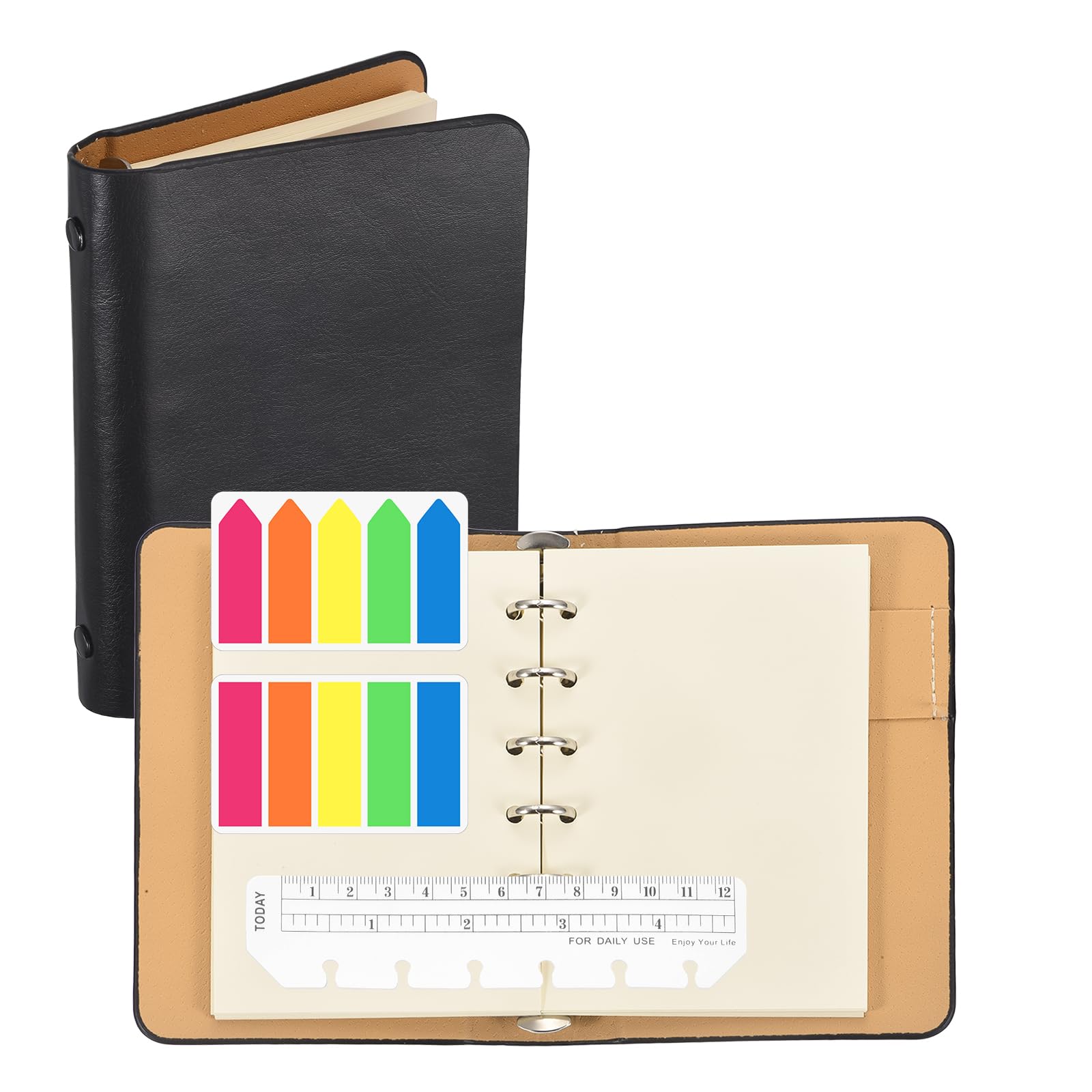 PATIKIL A6 Blank Pages 6 Ring Binder, Leather Notebook with Transparent Bookmark Ruler and Colorful Index Sticky Tabs for Office Study Work, Black