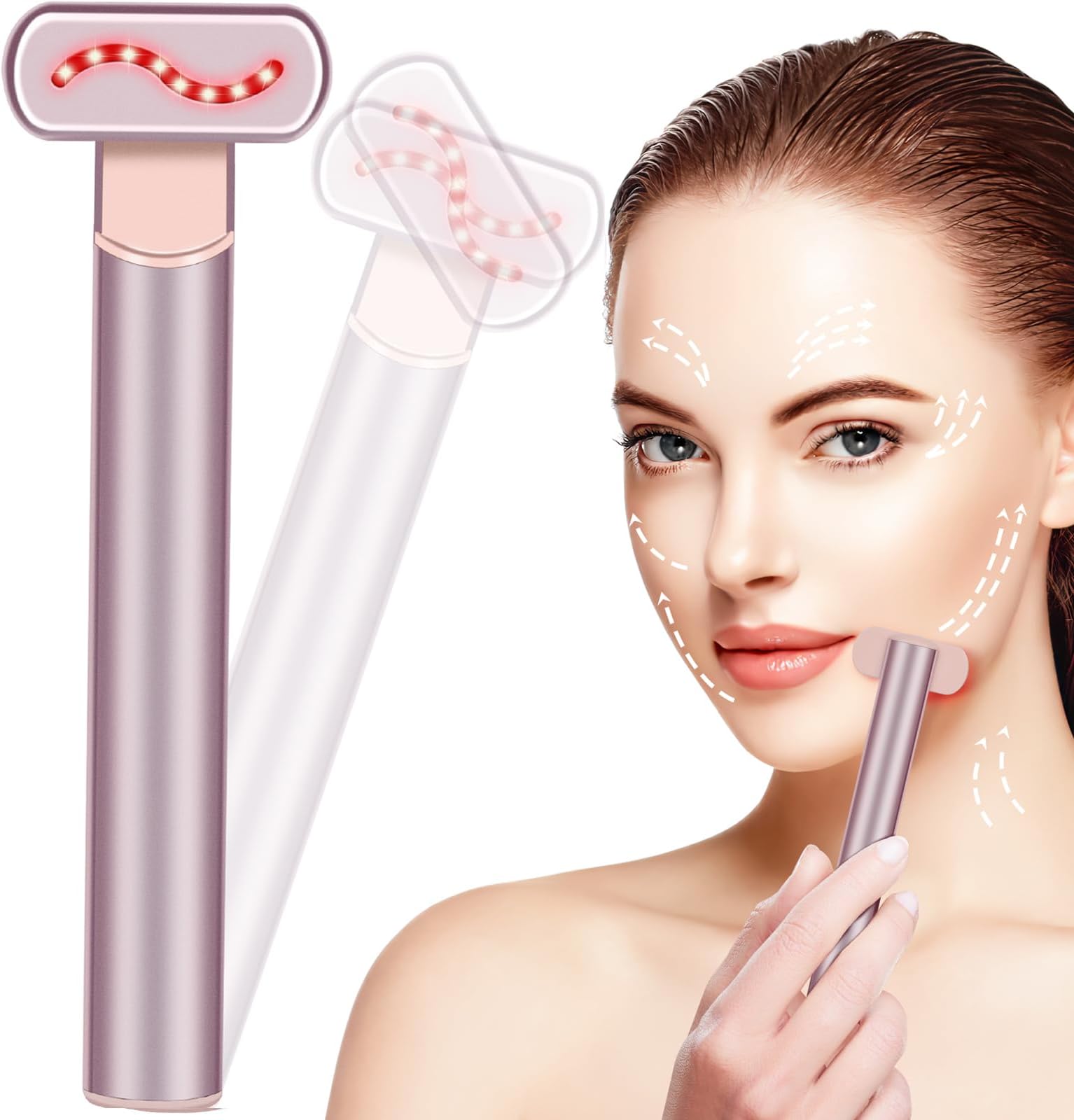 Red Light Therapy for Face,Facial Wand 4 in 1, Red Light Therapy Wand with Microcurrent, Face Lift Device for Face Massager to Reduce Wrinkles, Anti-Aging Facial Tools, USB Rechargeable (Pink