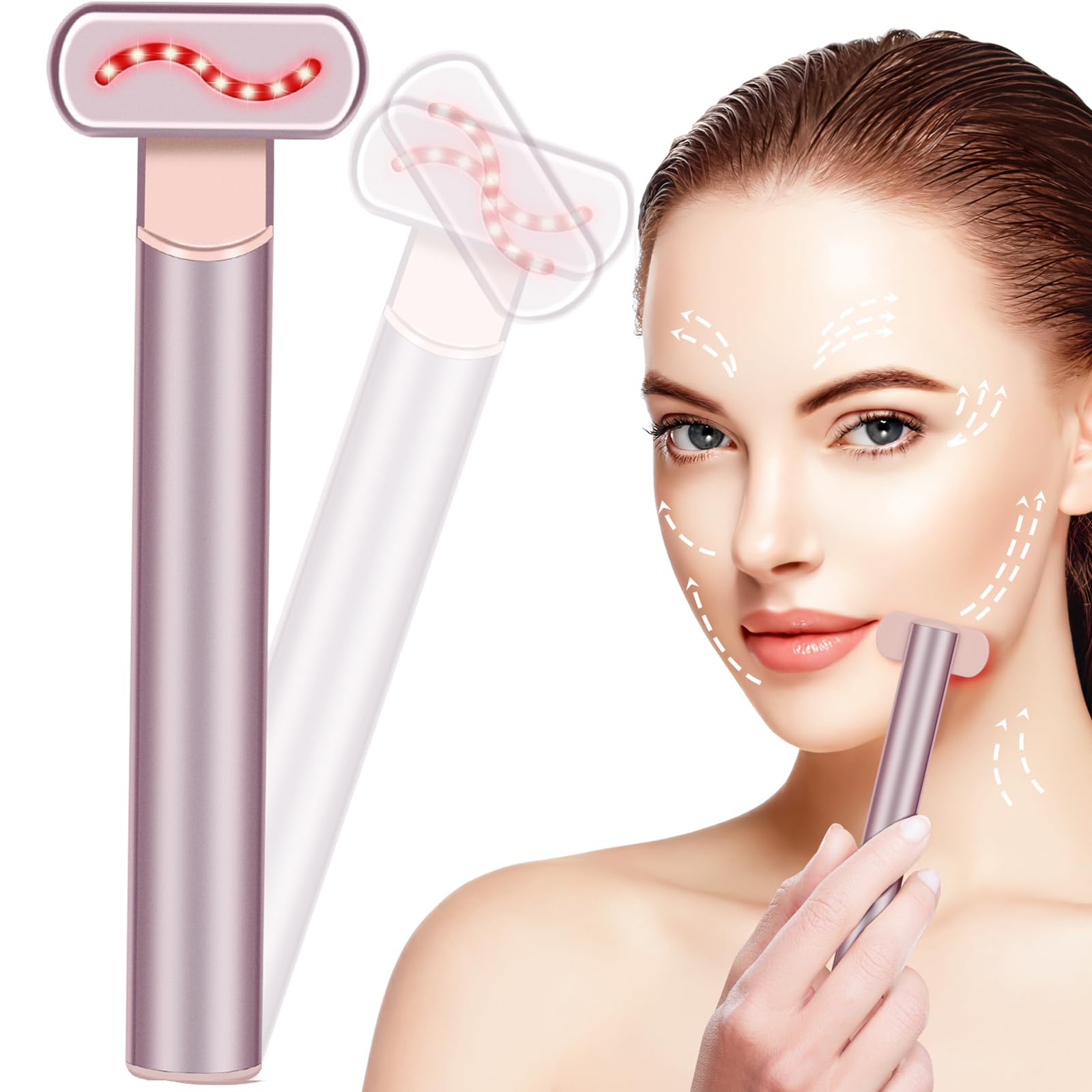 Red Light Therapy for Face,Facial Wand 4 in 1, Red Light Therapy Wand with Microcurrent, Face Lift Device for Face Massager to Reduce Wrinkles, Anti-Aging Facial Tools, USB Rechargeable (Pink
