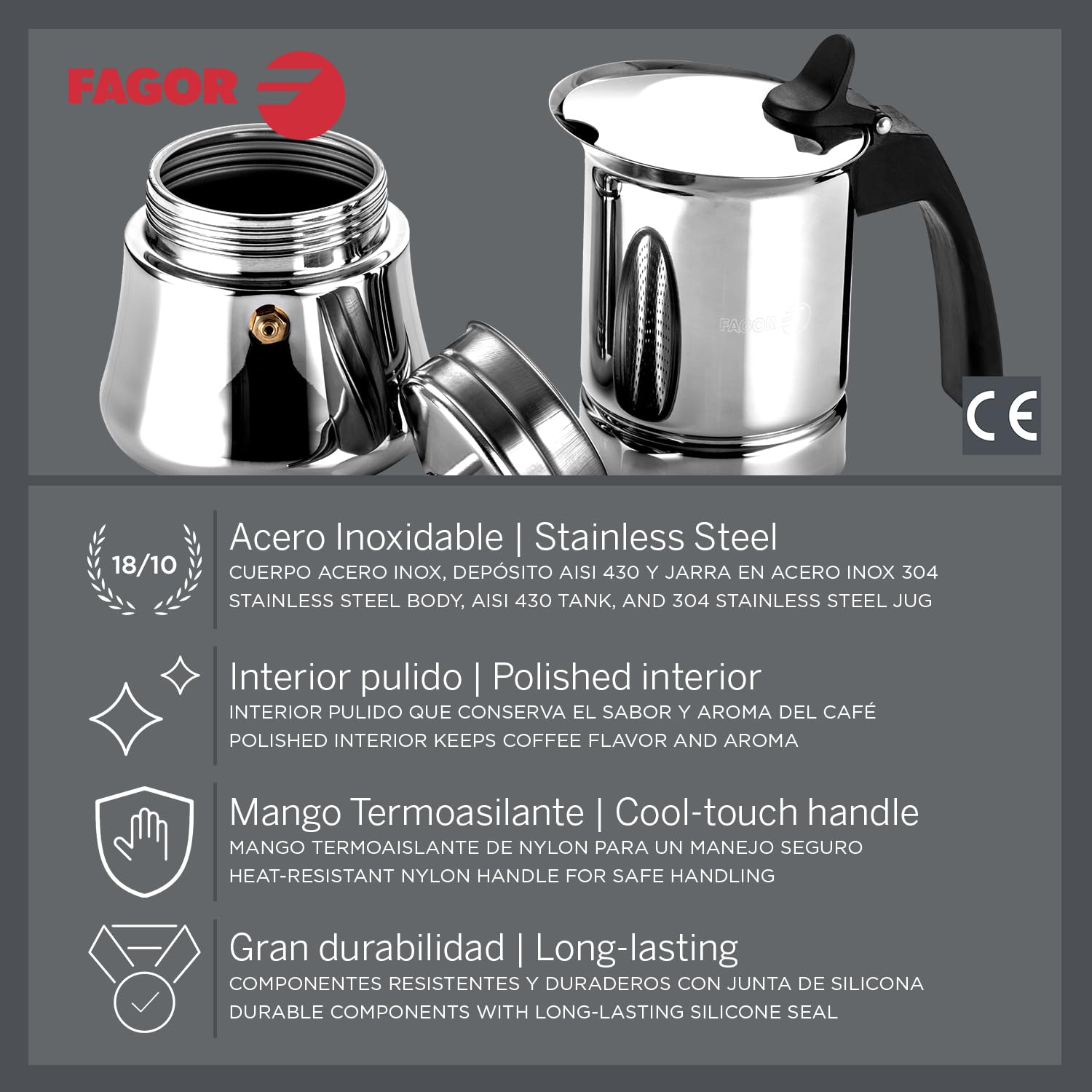 Fagor Etnica - Cafetera Italiana 10 Tazas, 500ml, Acero Inoxidable, Todo Tipo de Cocinas, Inducción, Mango Ergonómicos de Nylon, Café, Moka, Expresso