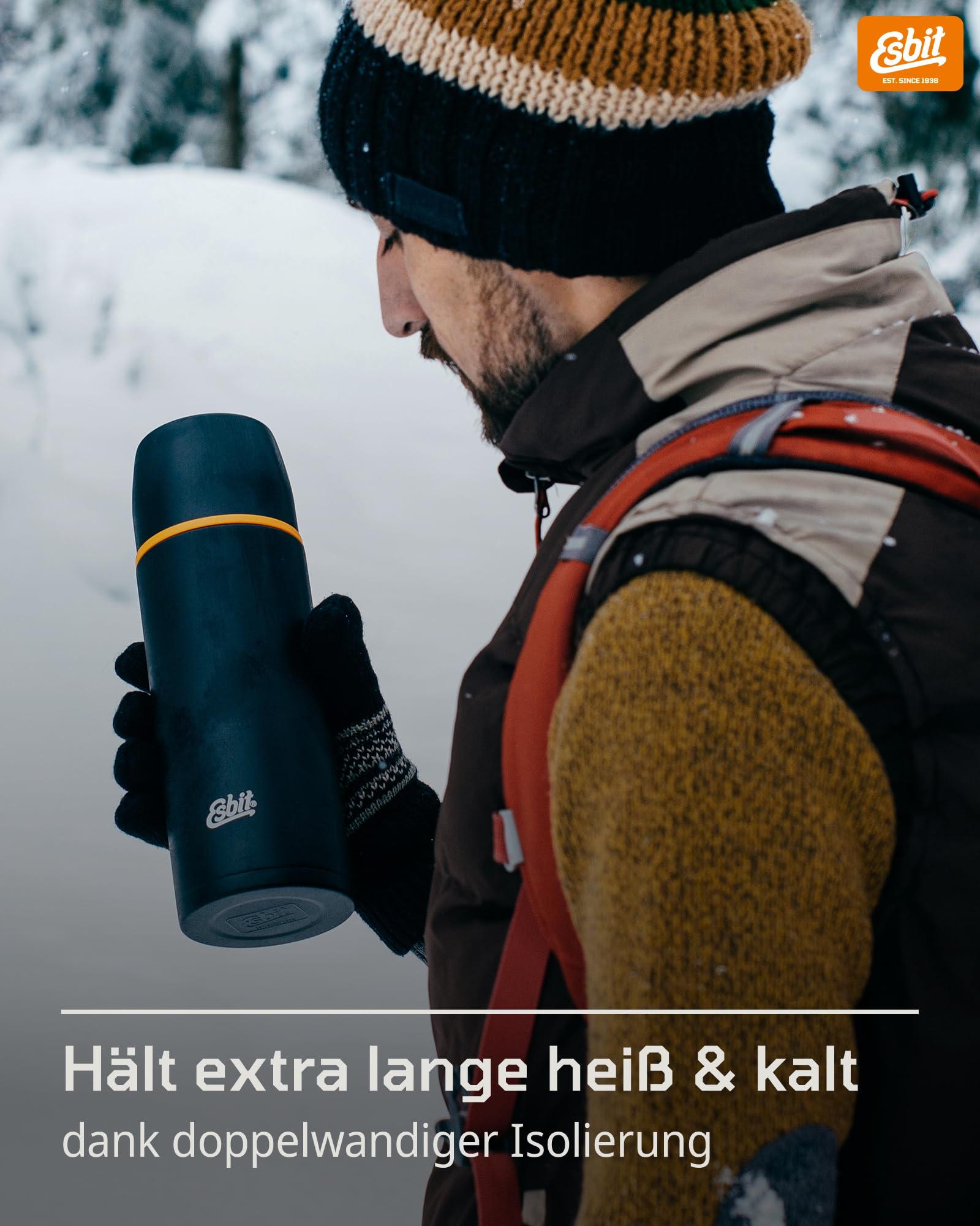 Esbit Classic Isolierflasche 1L - Thermoskanne für warm & kalt - Thermosflasche mit 2 Bechern - Trinkflasche Edelstahl - Auslaufsicher - Olivgrün