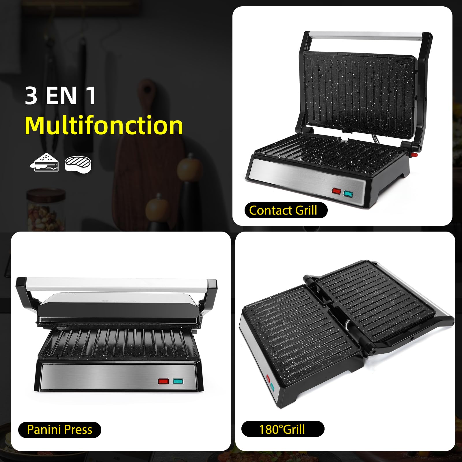 Aigostar Machine à Panini avec Revêtement Céramique, Ouverture 180°, 1500W | Grill électrique, Plaque de 27x17cm, Garanti sans PFAS, Finition Inox | Hett Pro