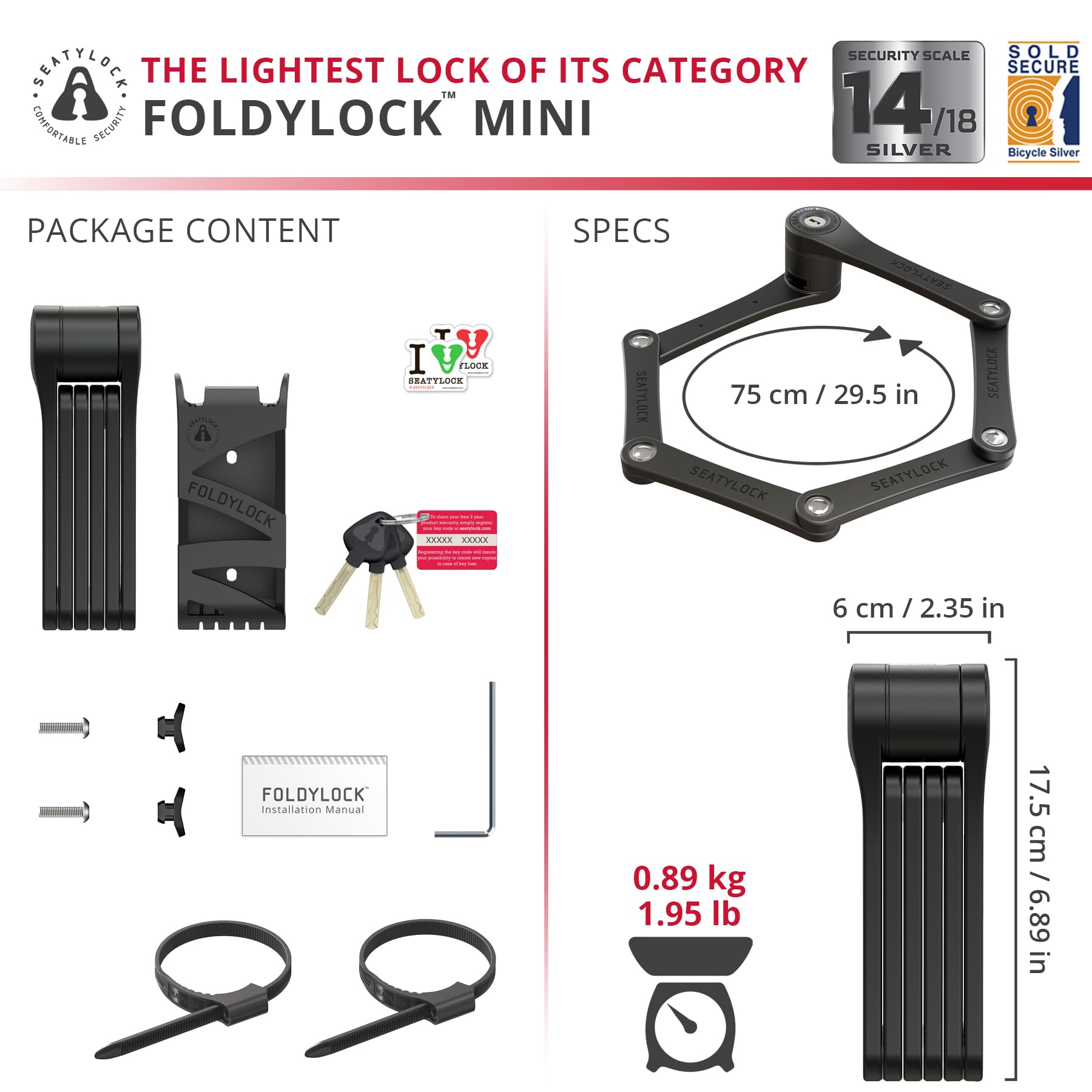 Seatylock FoldyLock Mini Folding Bike Lock - Patented Lightweight Bicycle Lock - Heavy Duty Anti Theft Guard with — view 5