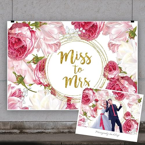 Miniatura 3 de Yeele Telón de fondo Miss to Mrs de 10 x 8 pies para despedida de soltera, flores rosadas, decoración de anillo dorado, fondo de fotografía, novia,