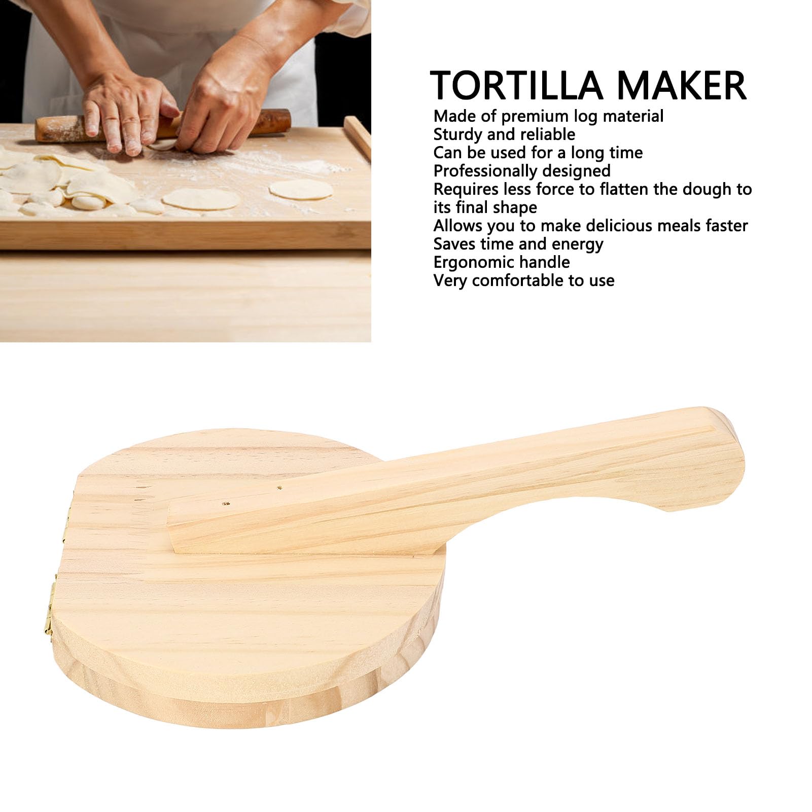 Drewniany wyciskarka tortilli, prasa tortilli, ergonomiczny uchwyt, ręczny dociskacz tortilli do pizzy Roti (L)
