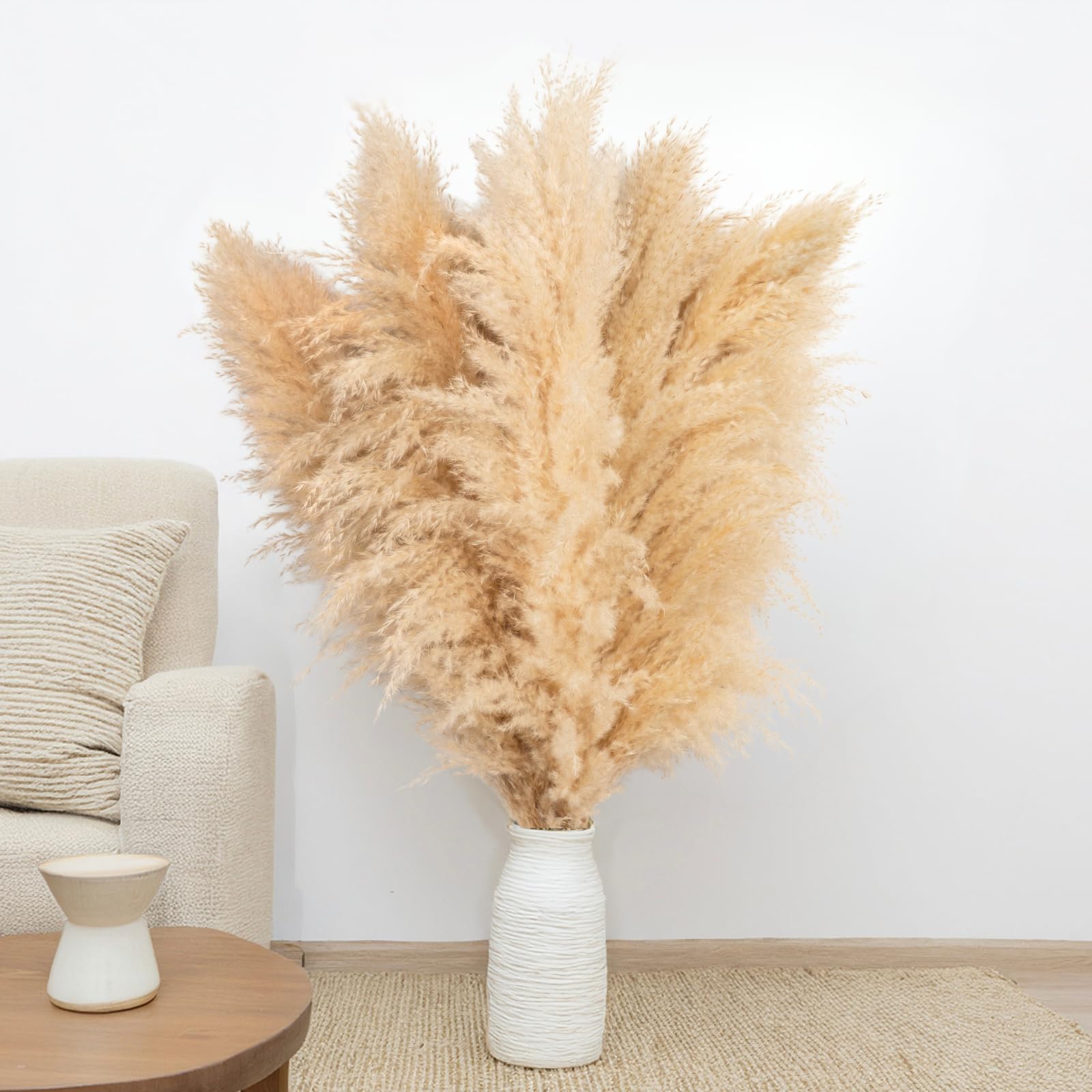 Pampasgras groß 100 cm - Trockenblumenstrauß XXL - Trockenblumen Boho Deko Beige Schlafzimmer Wohnzimmer Badezimmer Hochzeit Tischdeko getrocknet (10 Stück)