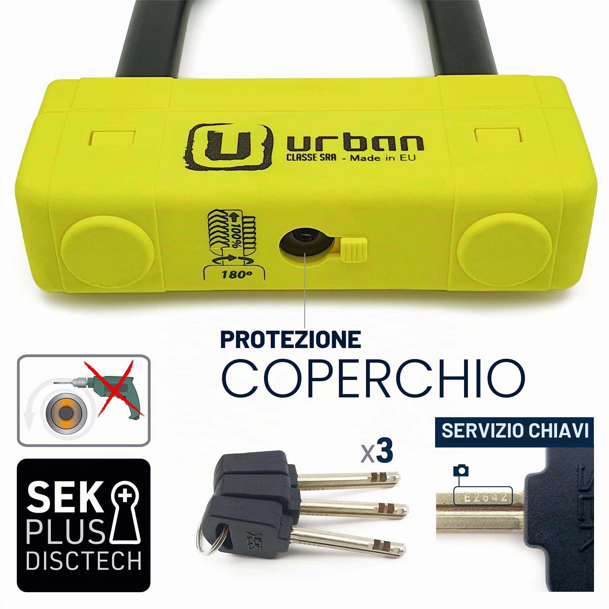 URBAN UR85120Y Lucchetto a U per Alta Sicurezza Omologato SRA, Arco ø18 in Acciaio Cementato, Doppio Blocco Antigraffio, Guscio Visibile e Accattivante, U Lock Antifurto 85x120mm per Moto e Scooter