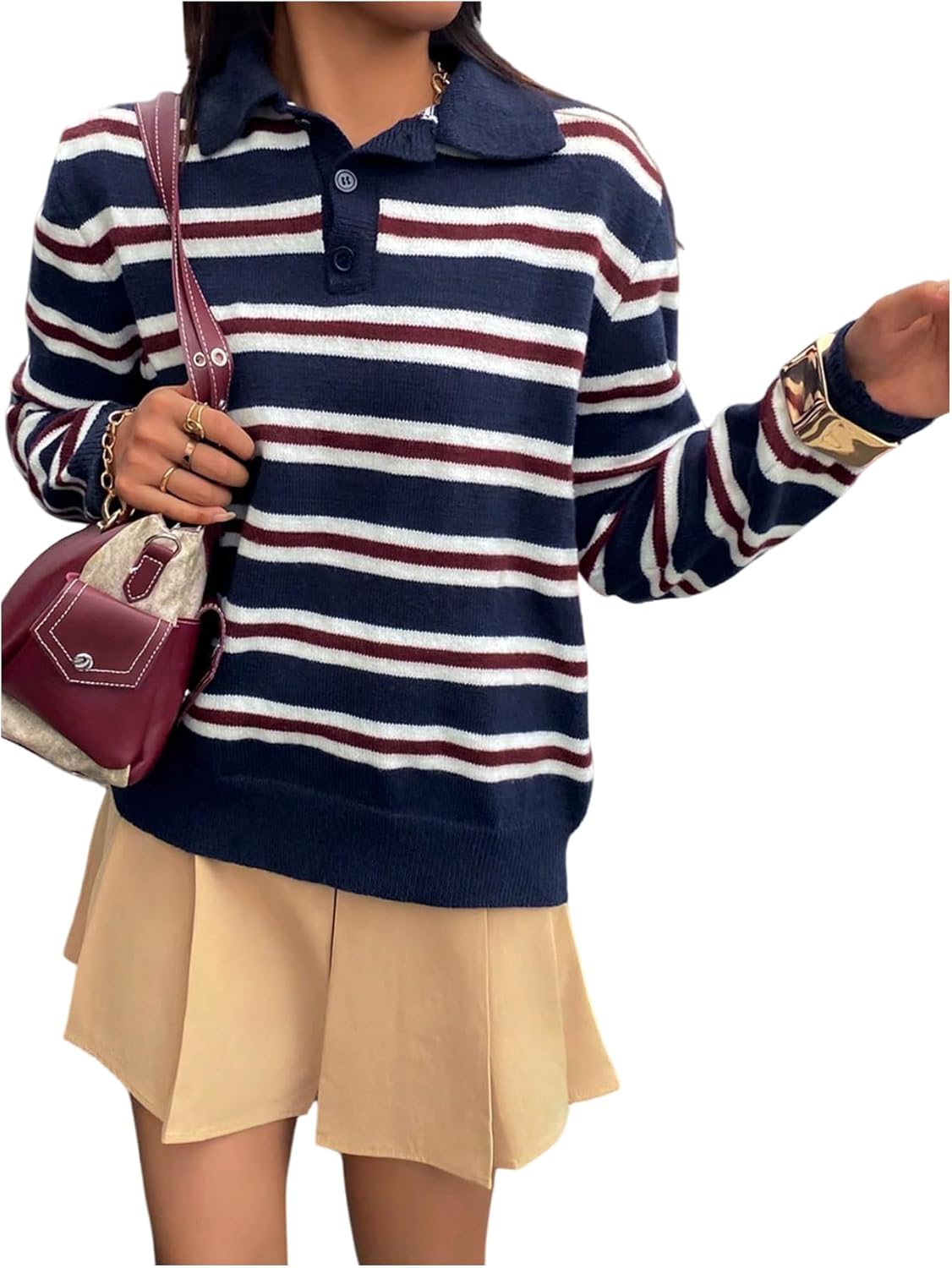 MakeMeChic Women's Striped Sweater Button Up Long Sleeve Preppy Rugby Pullover Tops