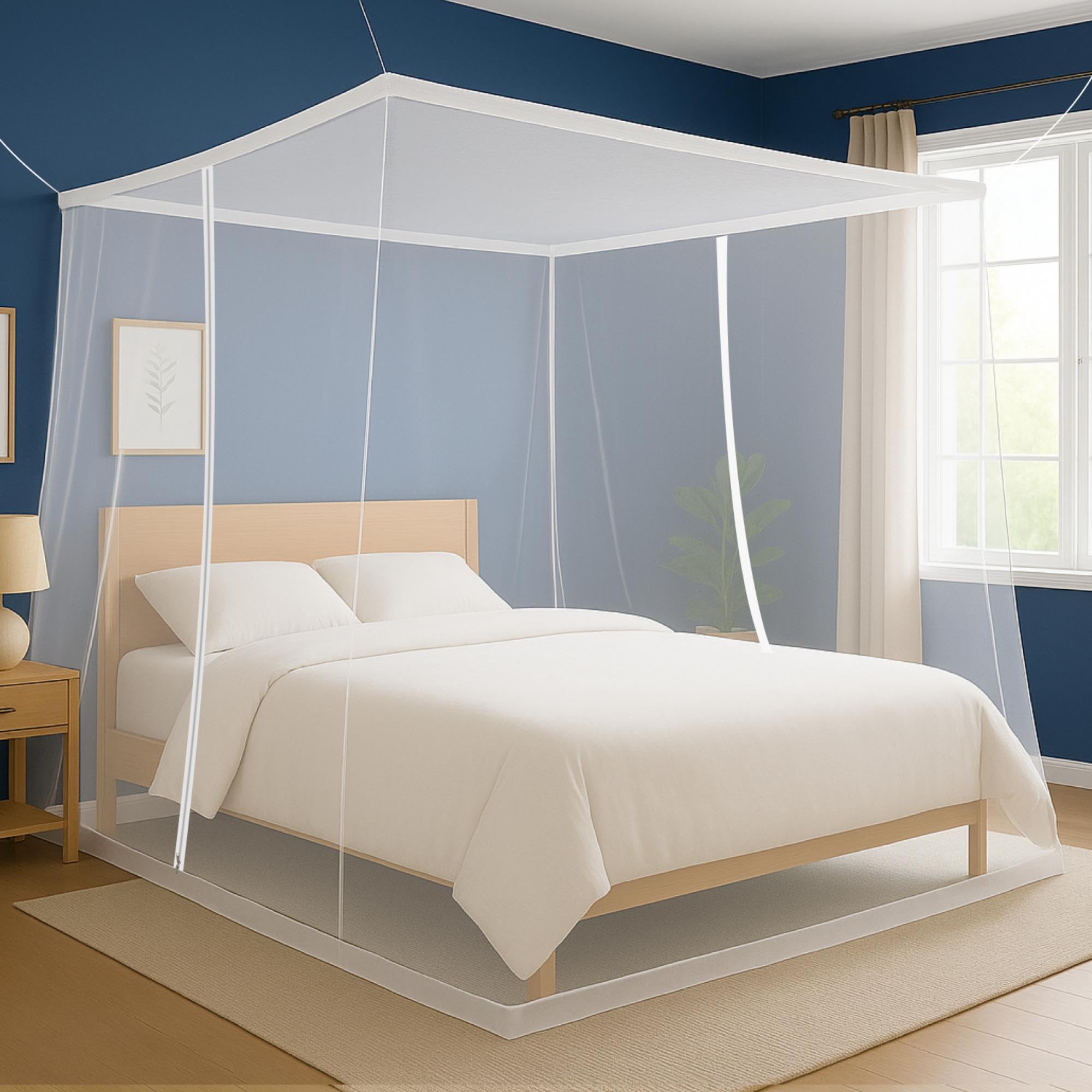 Classic Mosquito Net for King Size Bed with Double Zipper | Foldable Machardani | Polyester Strong & Breathable Mesh 6 x 6.5 ft | Easy Entry/Exit, Lightweight, Ideal for Home & Travel – White-image-33