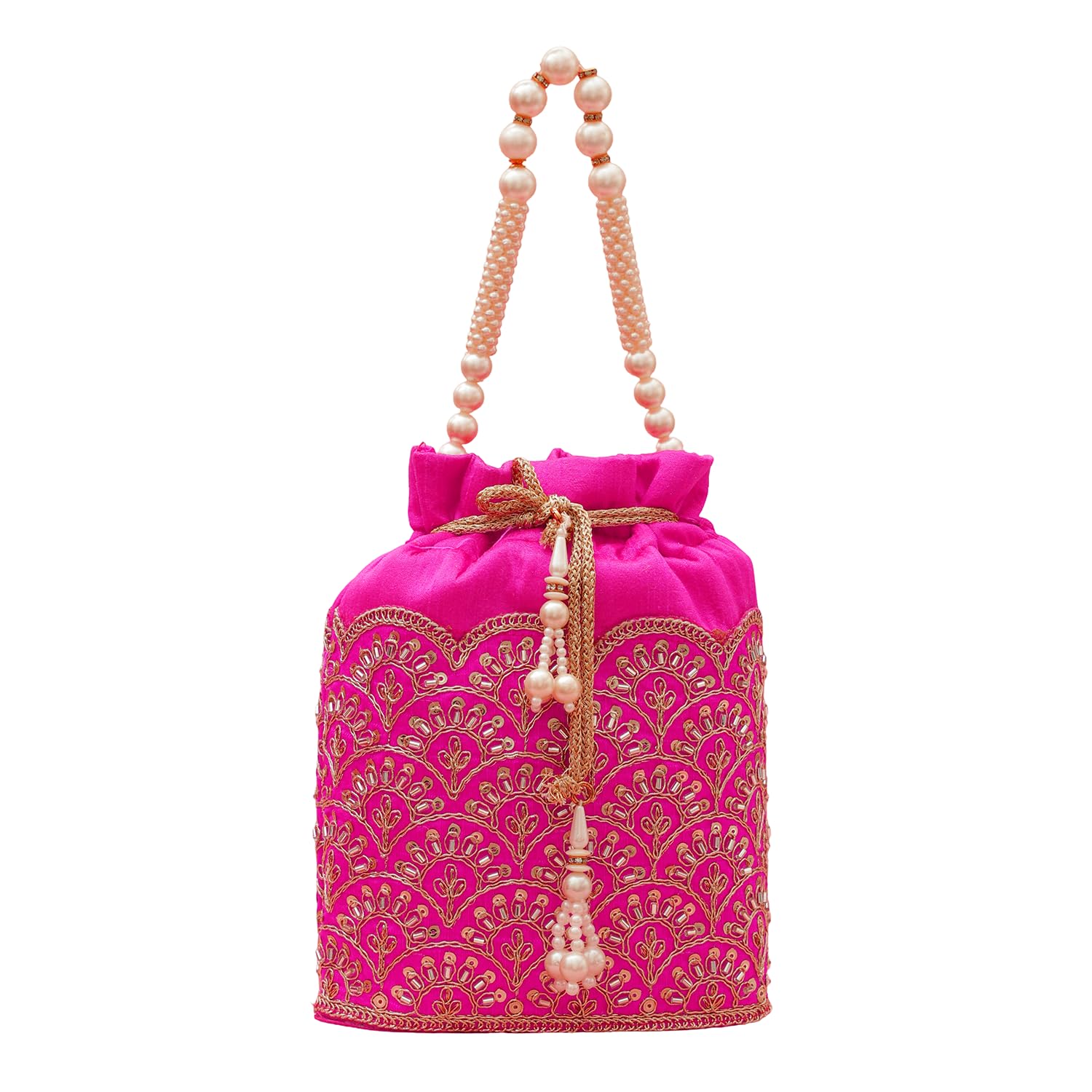 Potli Bag Bright Pink with Drawstring Closure & Pearl Handle Ethnic Festive Gift for Women & Girls-image-21
