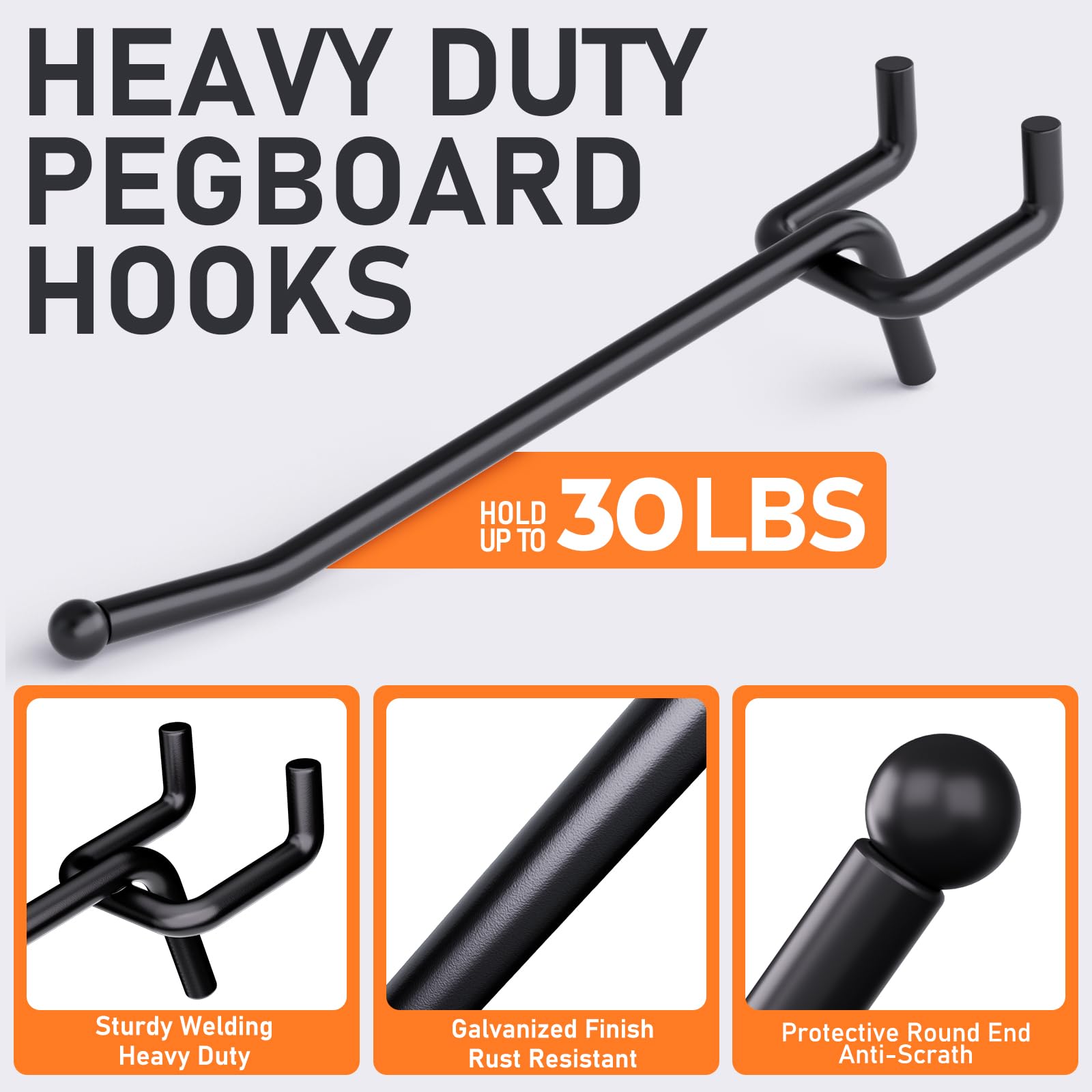 INCLY Paquete de 36 ganchos negros de 4/6/8 pulgadas, ganchos de estante de tablero de clavijas resistentes de 1/4 pulgadas, ganchos de herramientas para tablero de clavijas de 1/4 pulgadas para